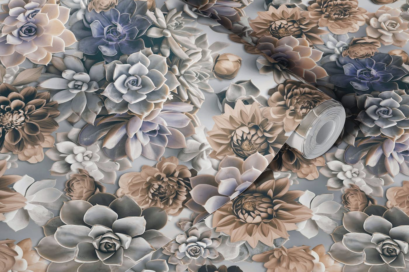 Succulent And Flower Garden Blue Beige wallpaper roll