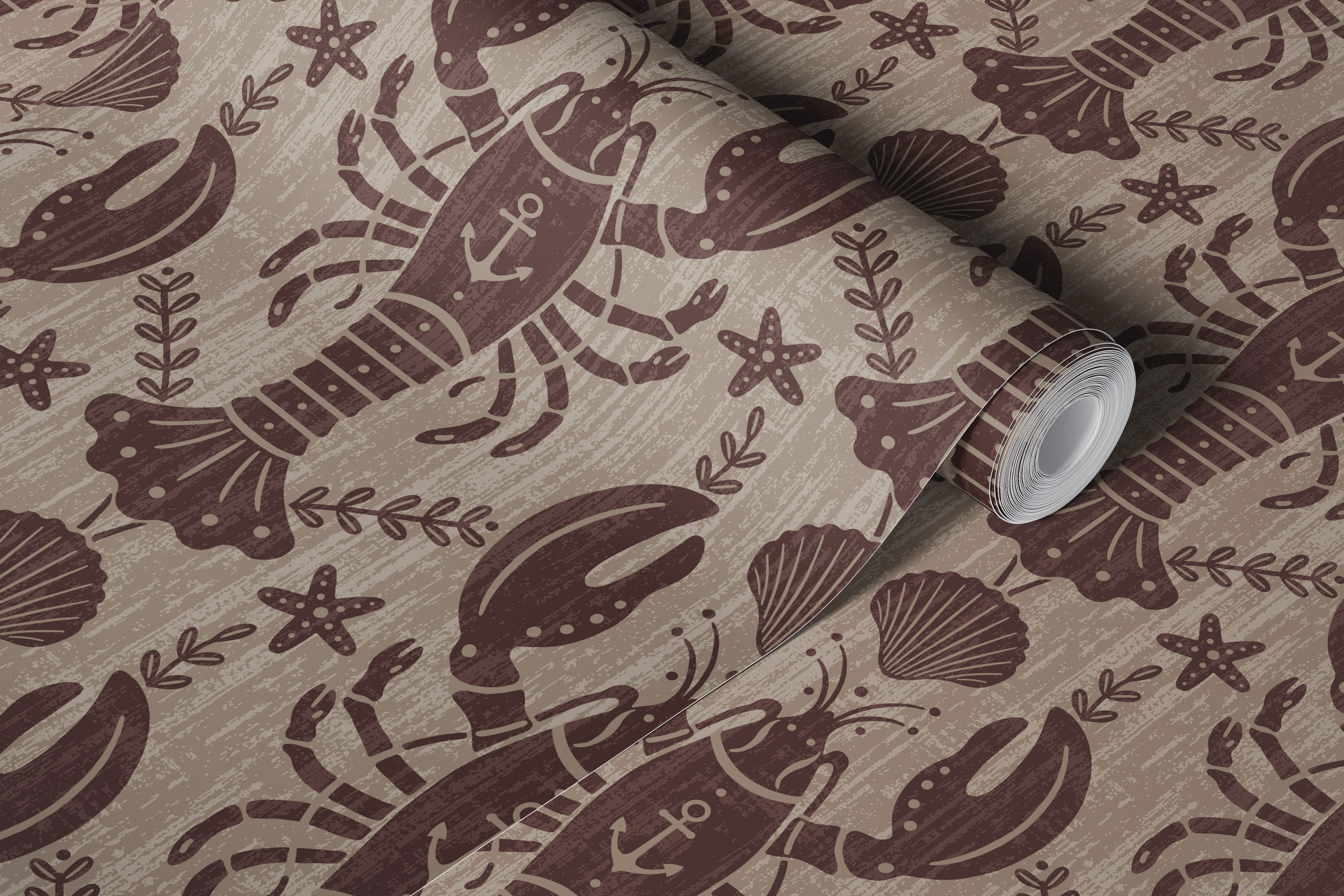 Rustic lobster with anchor wallpaper in a room