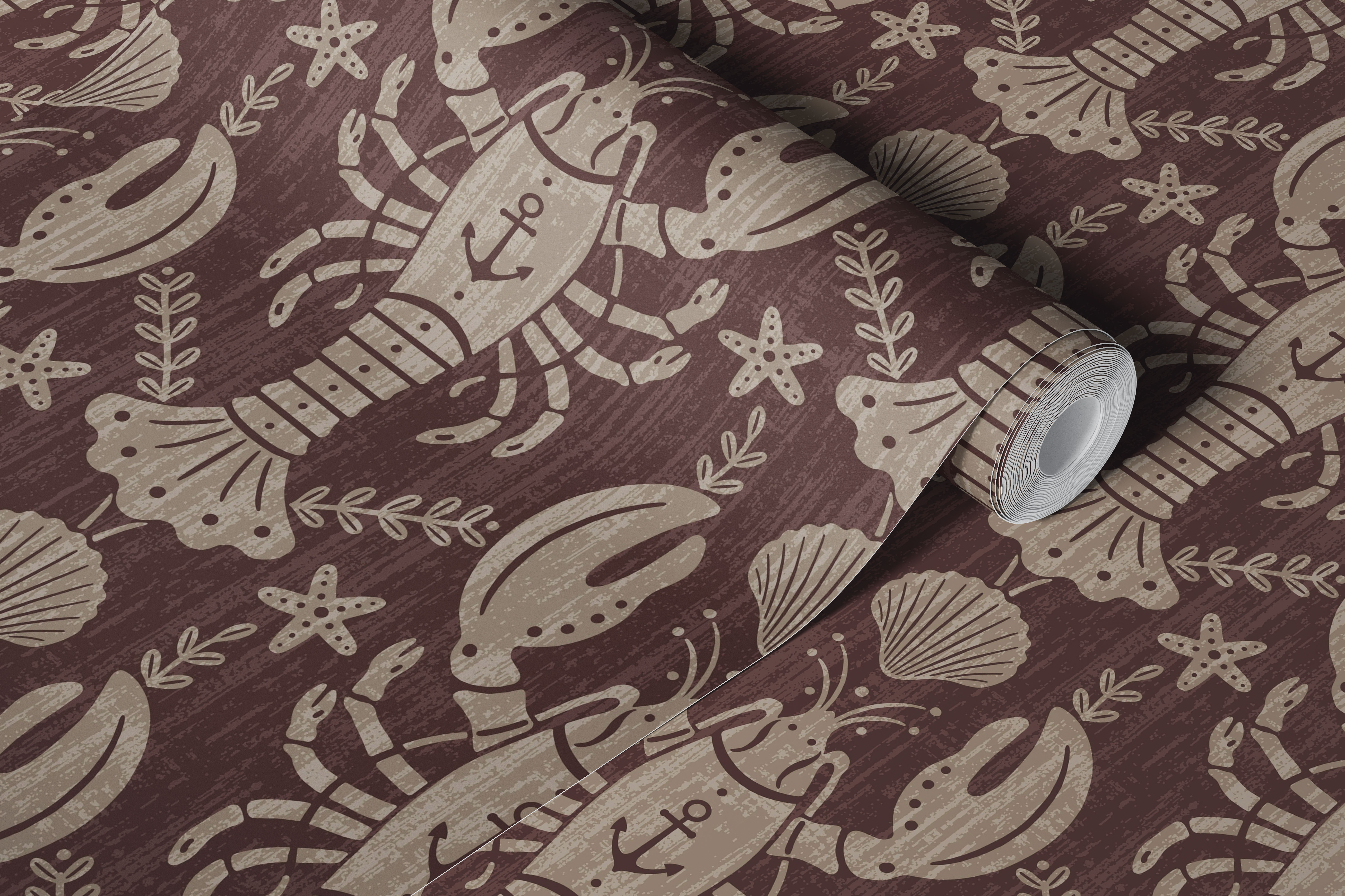 Lobster and anchor design in beige and maroon on a textured wallpaper