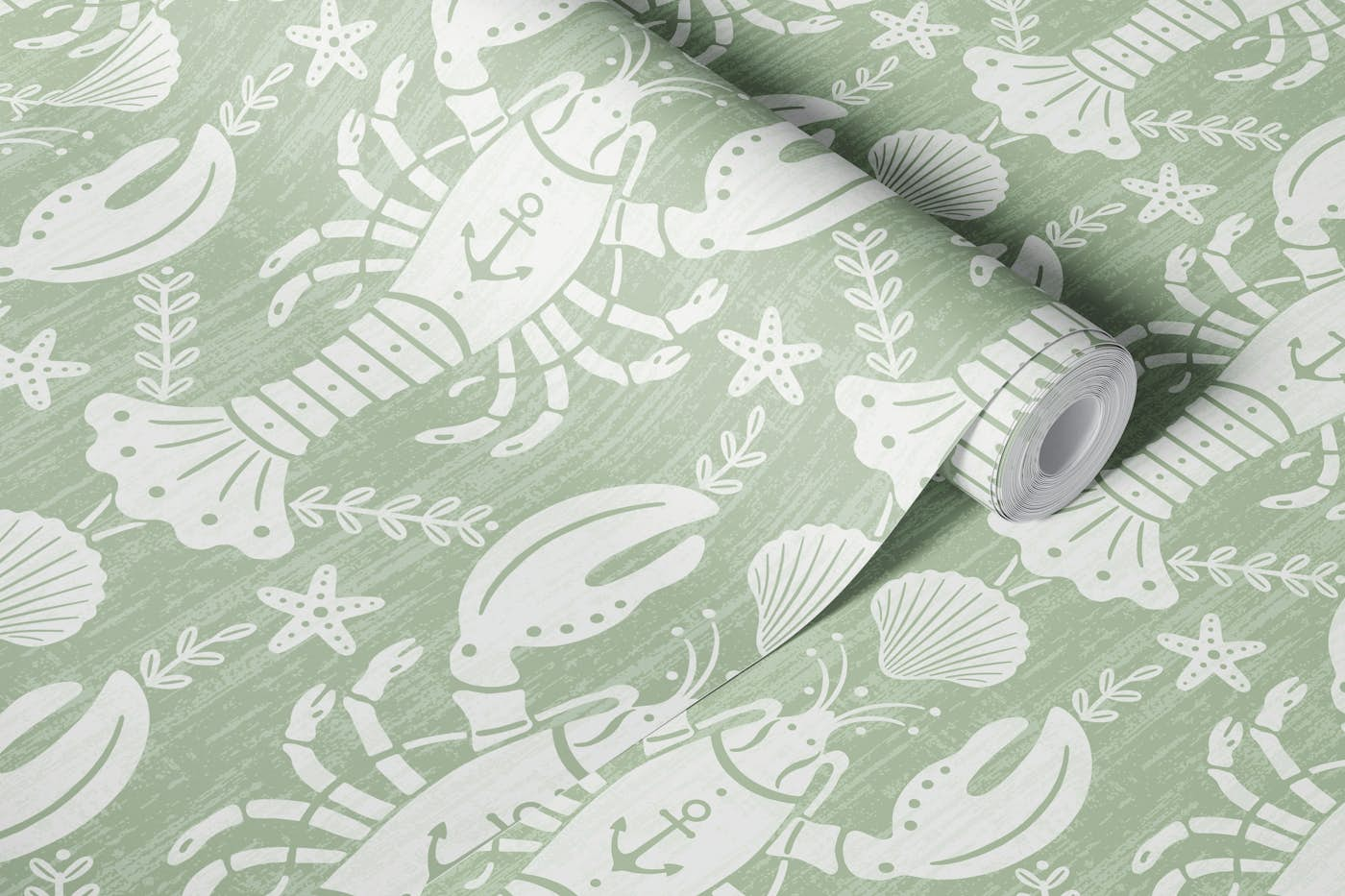 Sage Green Lobster with Anchor 1 - Large wallpaper roll