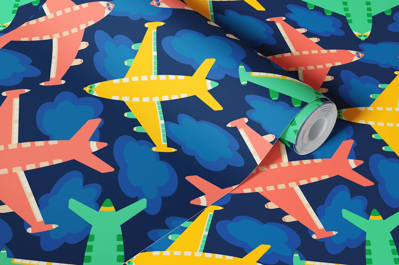 FLYING HIGH Cute Kids Airplane Clouds Brights wallpaper roll