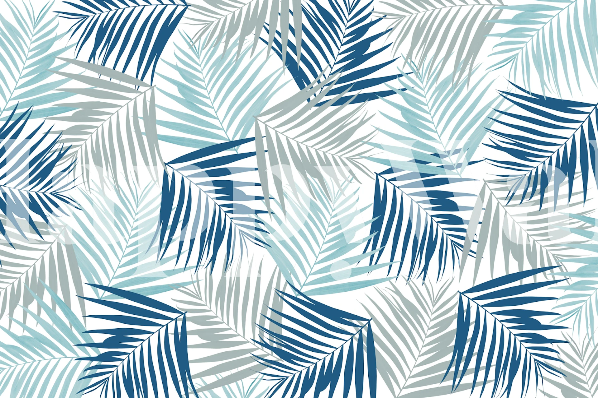 Tropische bladpatronen in blauwtinten op een fotobehang genaamd Tropical Retro 4 (Coastal Vibes)