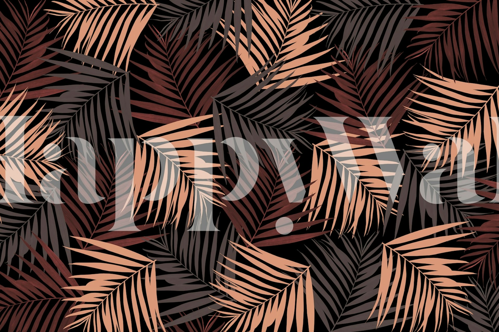 Tropical palm leaves in brown and peach colors on black wallpaper