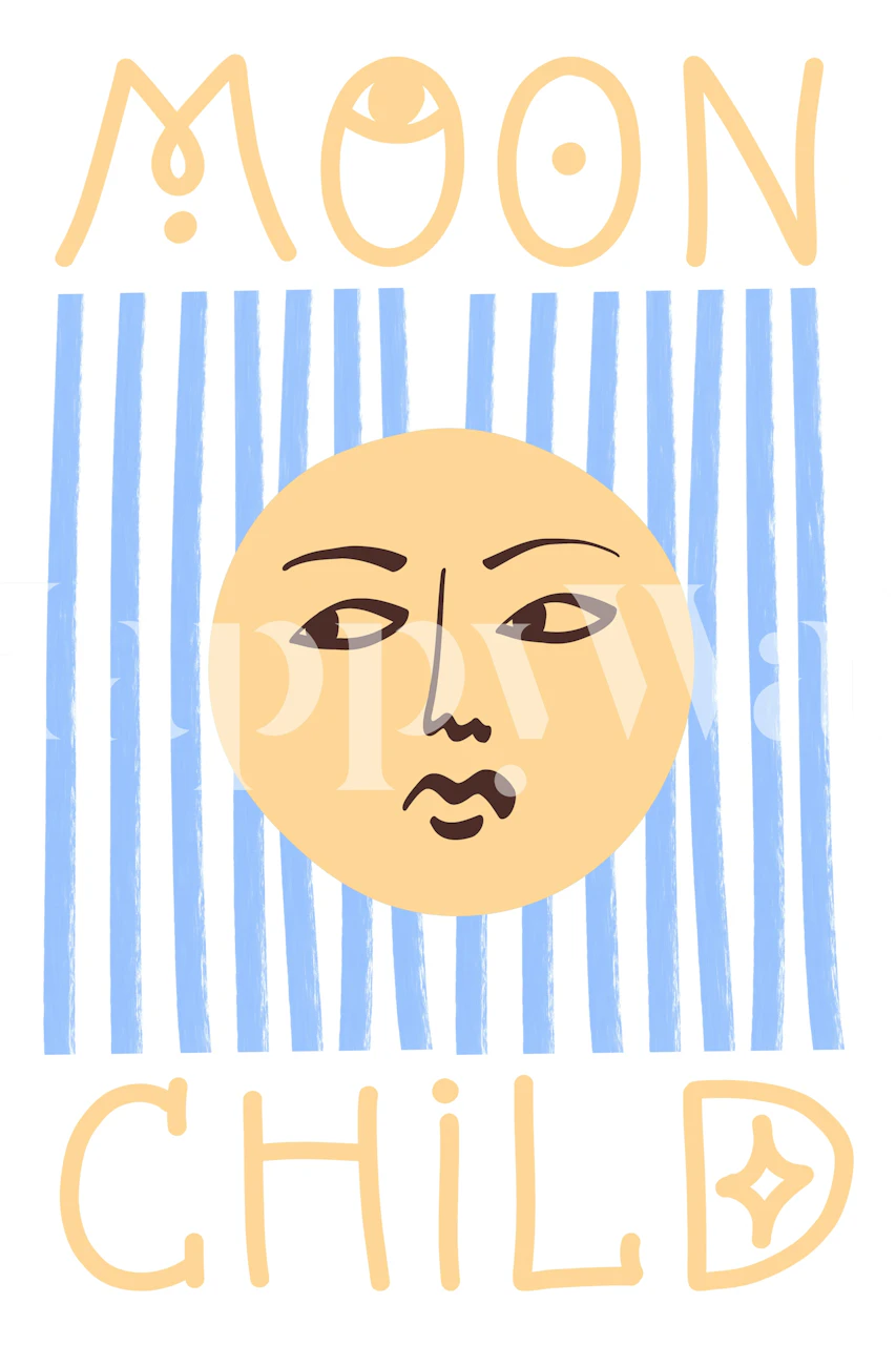 Blue striped wallpaper featuring a moon design with facial features and 'Moon Child' text