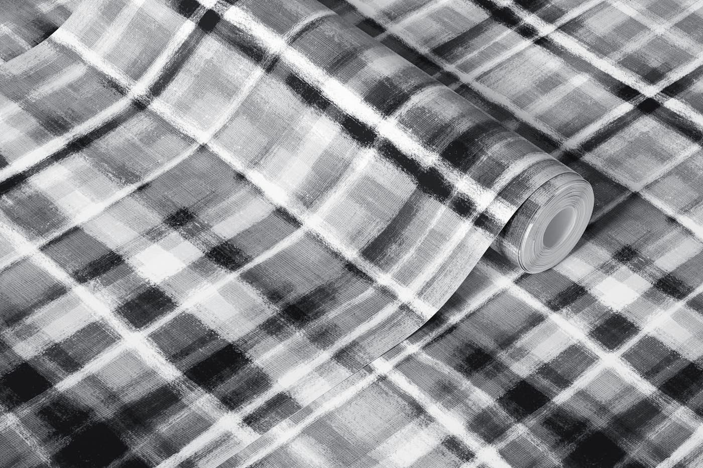 Monochrome Black and White Rustic Plaid wallpaper roll