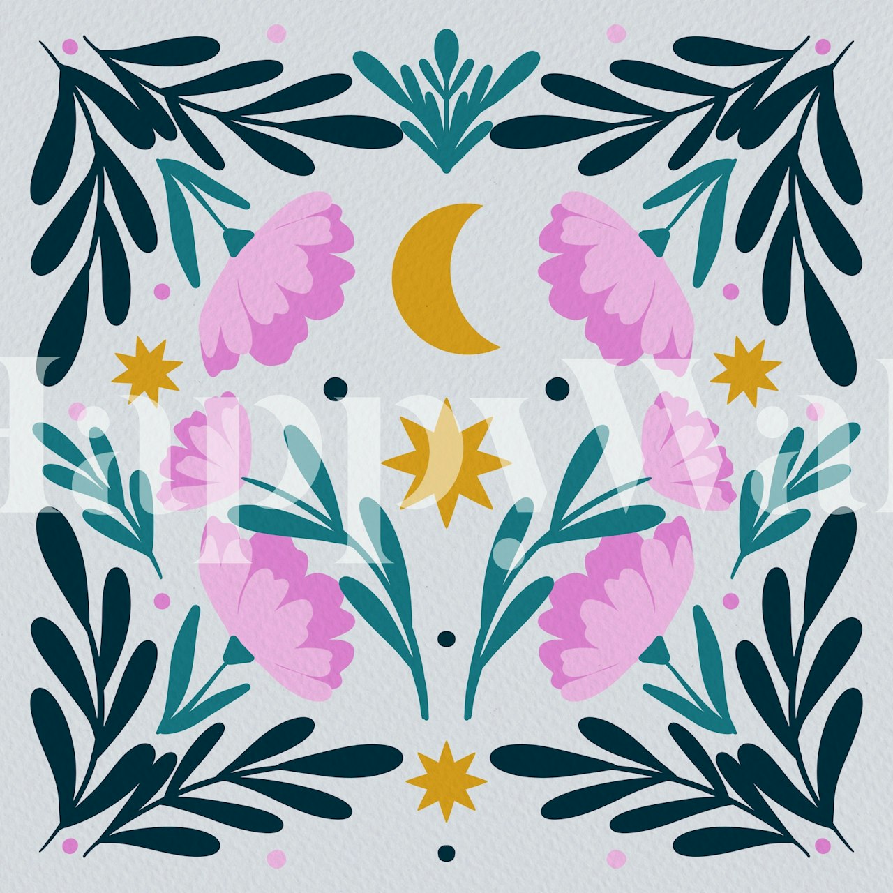 Floral pattern with stars and moon in pink and turquoise wallpaper