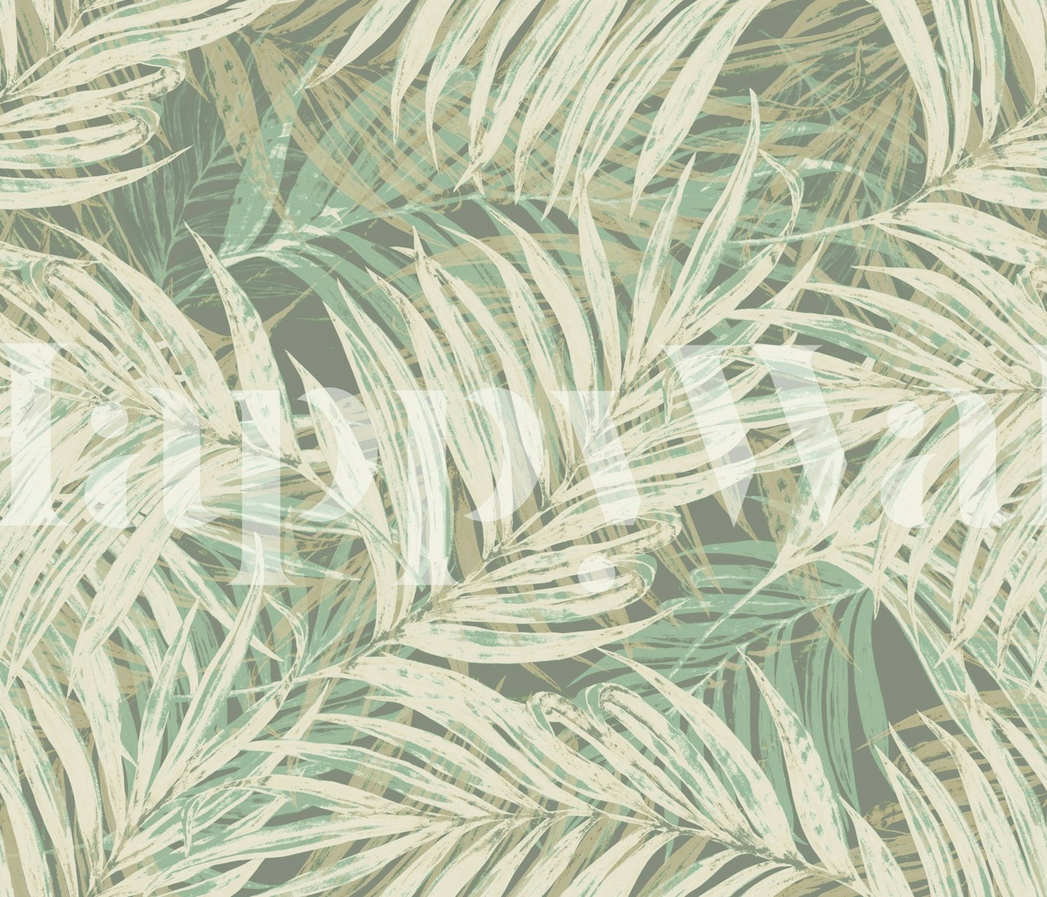 Tropical palm leaves in neutral green and beige wallpaper