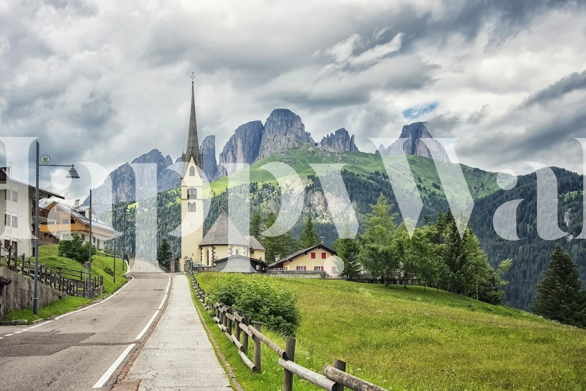 Dolomites mountains and church landscape wallpaper