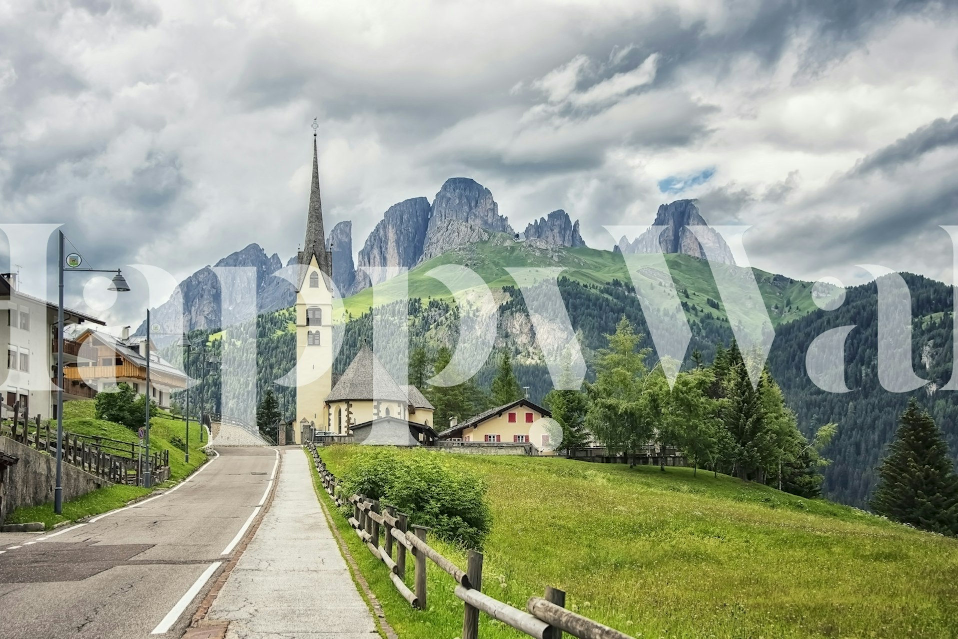 Dolomites mountains and church landscape wallpaper