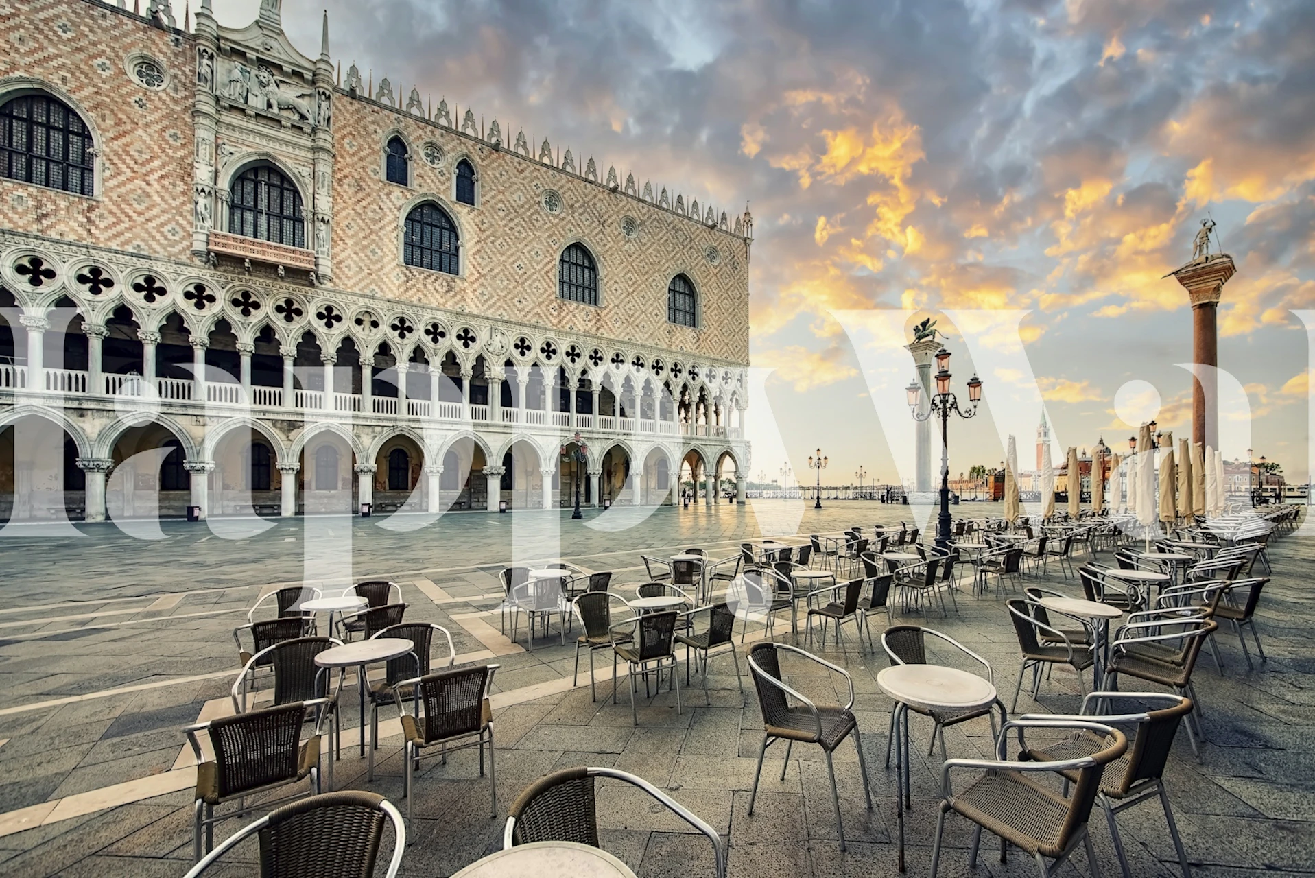 Venetian architecture with patterned building and outdoor tables wallpaper