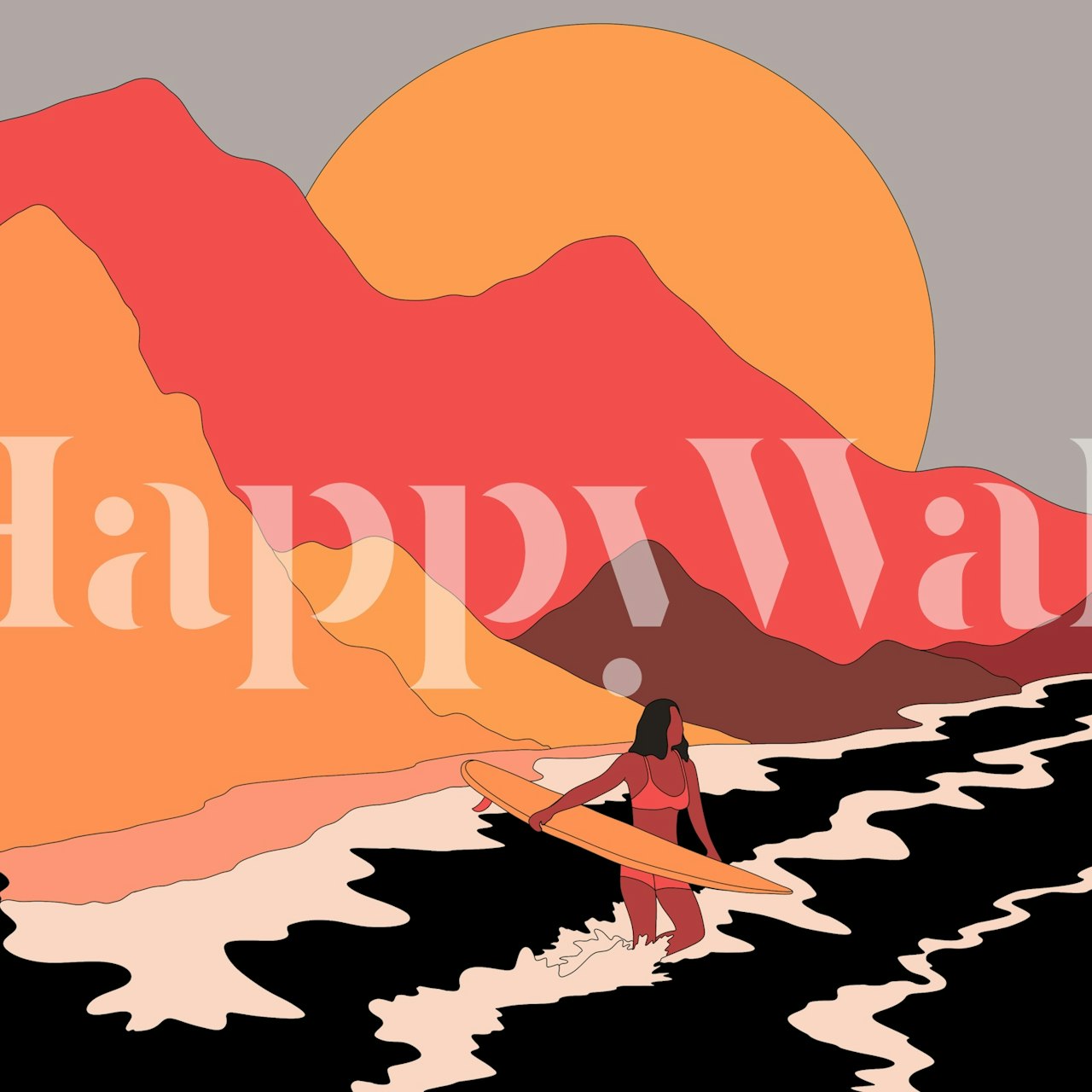 Surfer with surfboard in ocean waves, warm tones, retro wallpaper