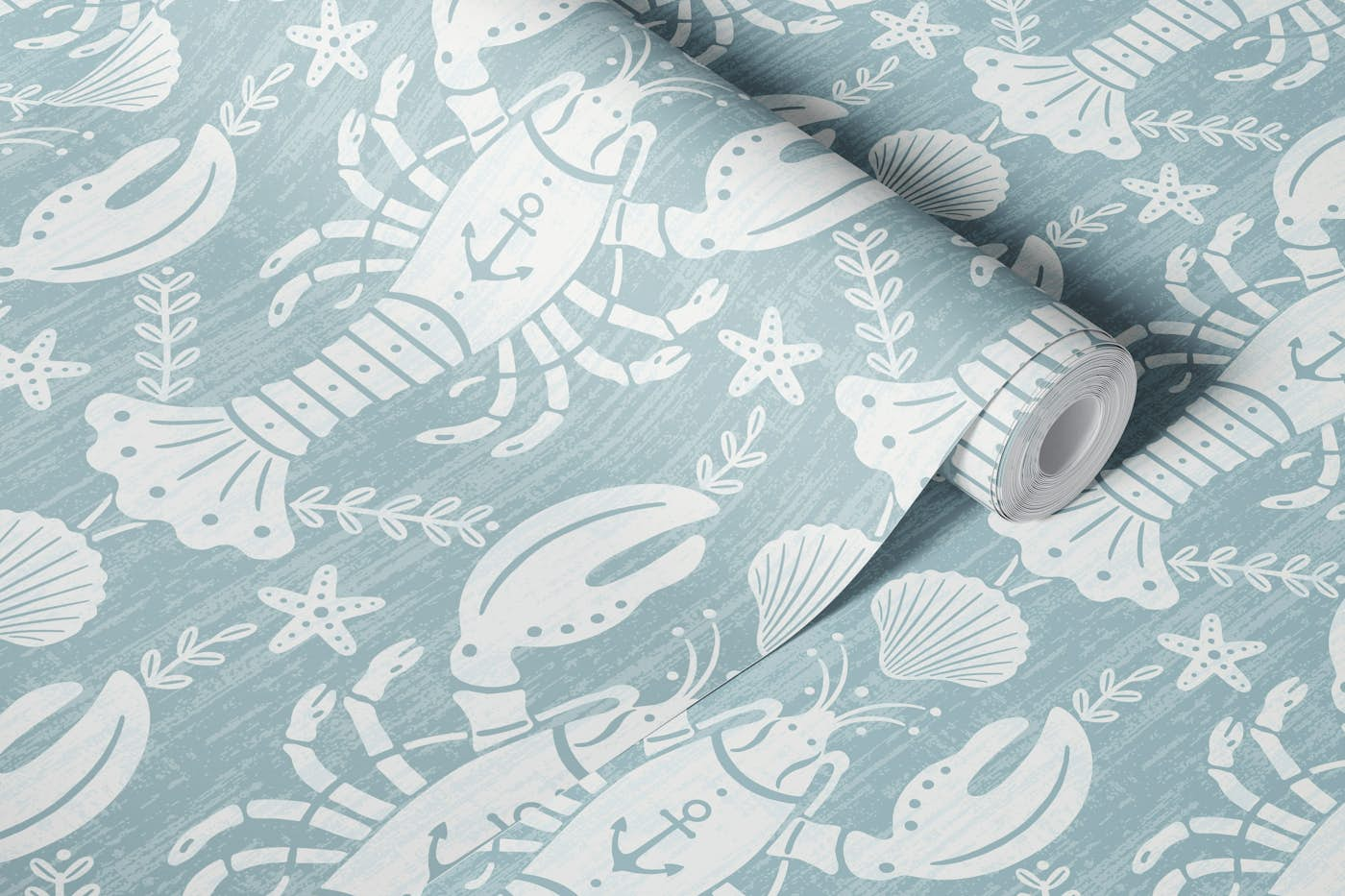 Scandi Blue Lobster with Anchor 1 - Large wallpaper roll