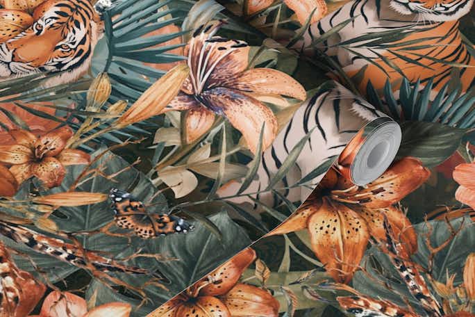 Exotic Boho Floral Jungle With Tigerswallpaper roll