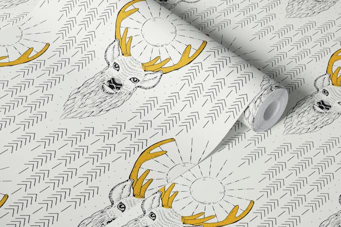 Deer with golden horns - black and whitewallpaper roll