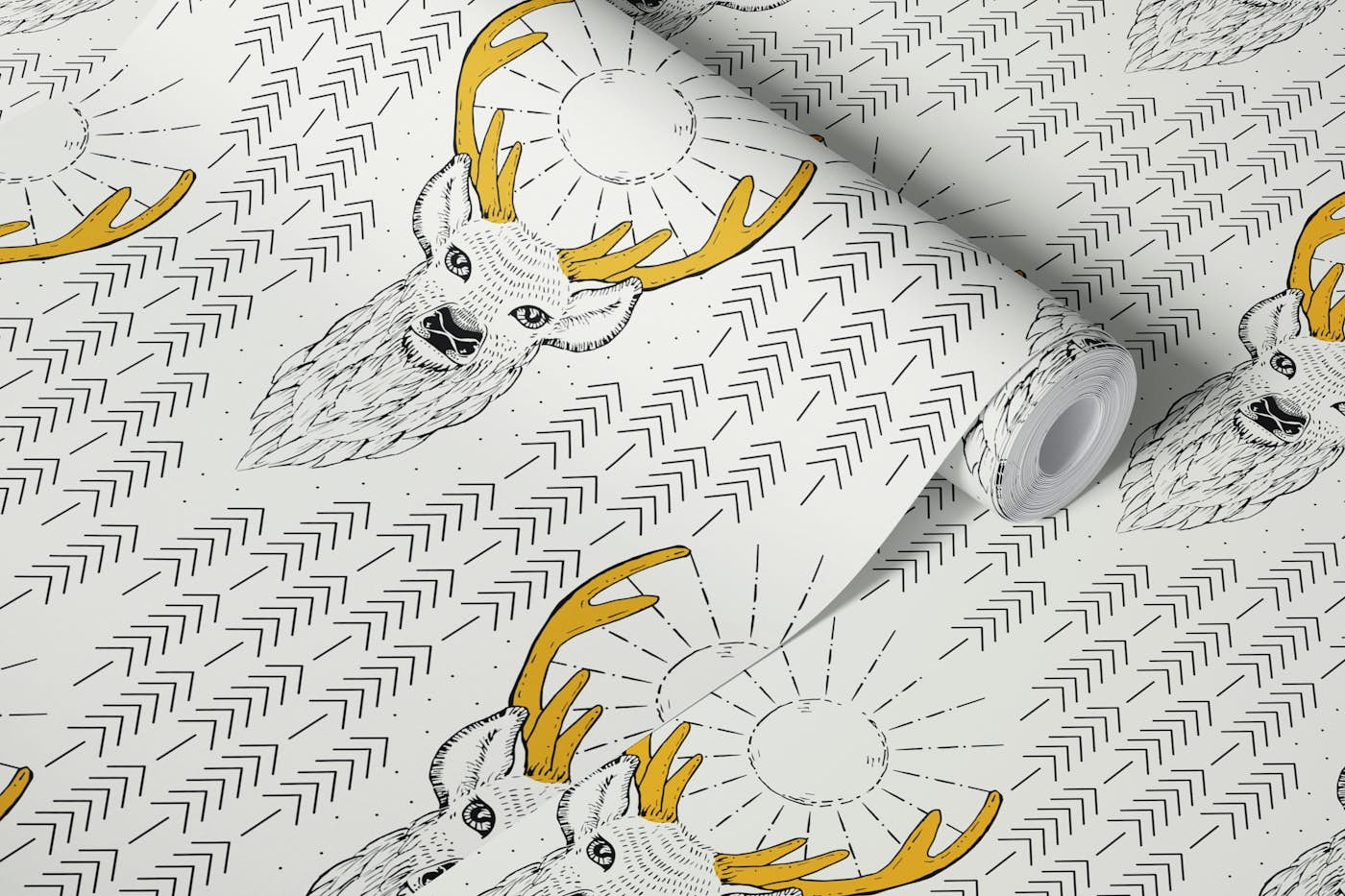 Deer with golden horns - black and white wallpaper roll