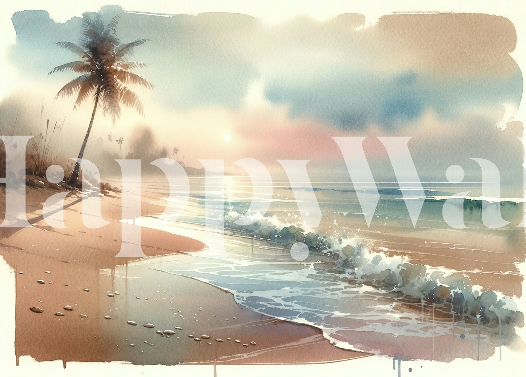Tropical beach at sunrise with palm tree and gentle waves wallpaper