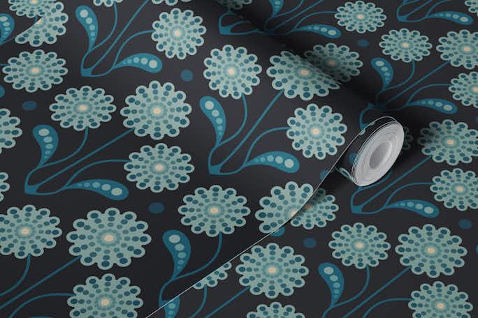 ANEMONE Retro Mid-Century Floral Teal - Smallwallpaper roll