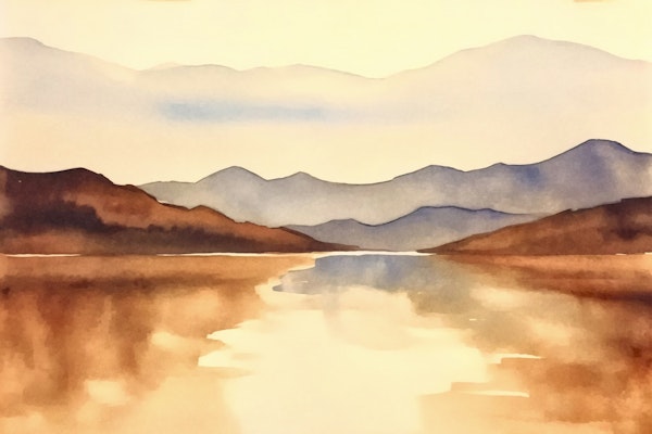 Riverside Sunset Landscape Watercolor Art
