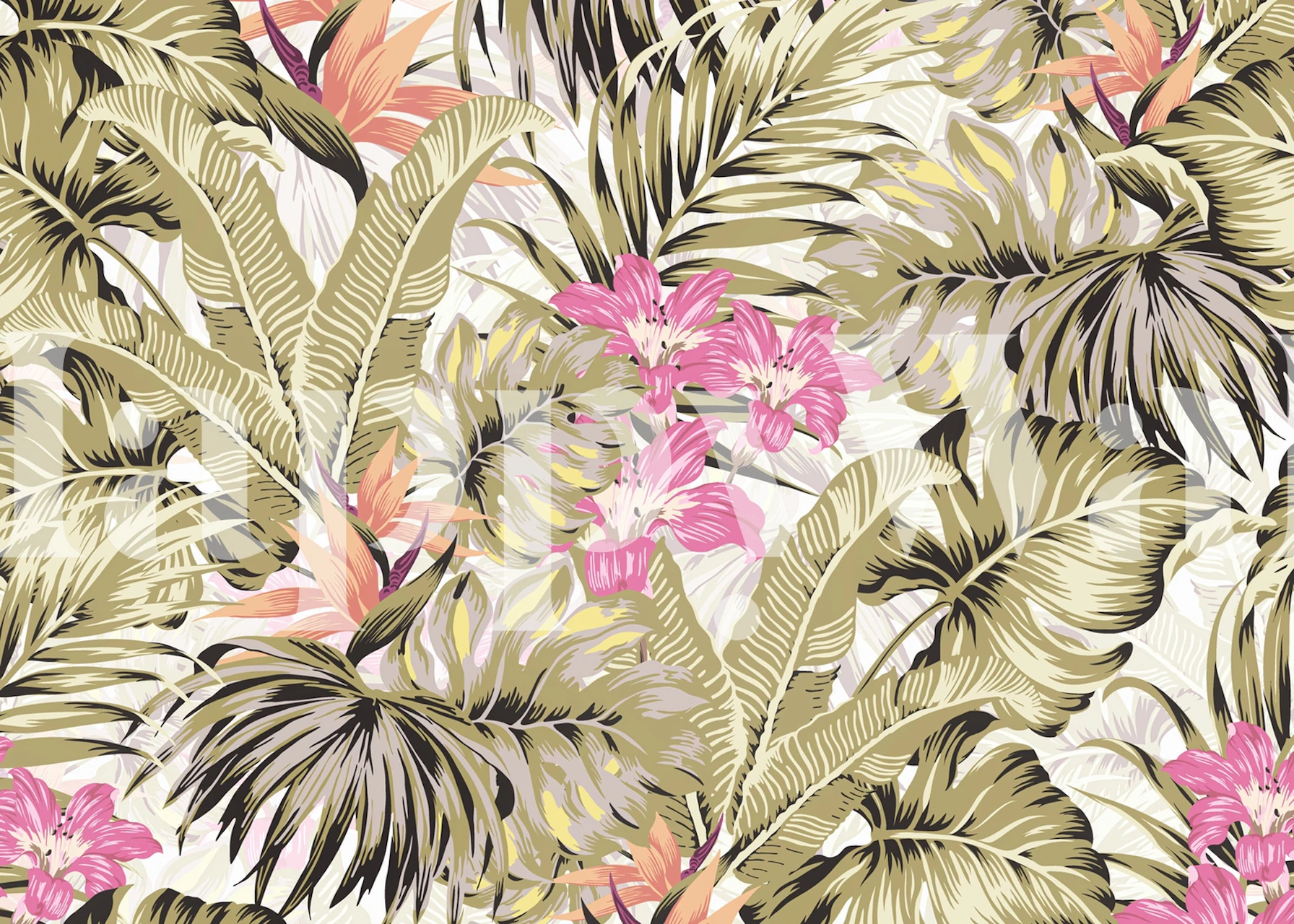 Tropical floral wallpaper with pink flowers and green leaves in a tropical style.