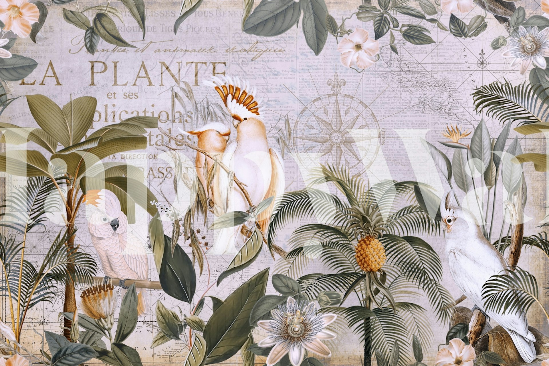 Tropical cockatoo and floral design in muted colors wallpaper