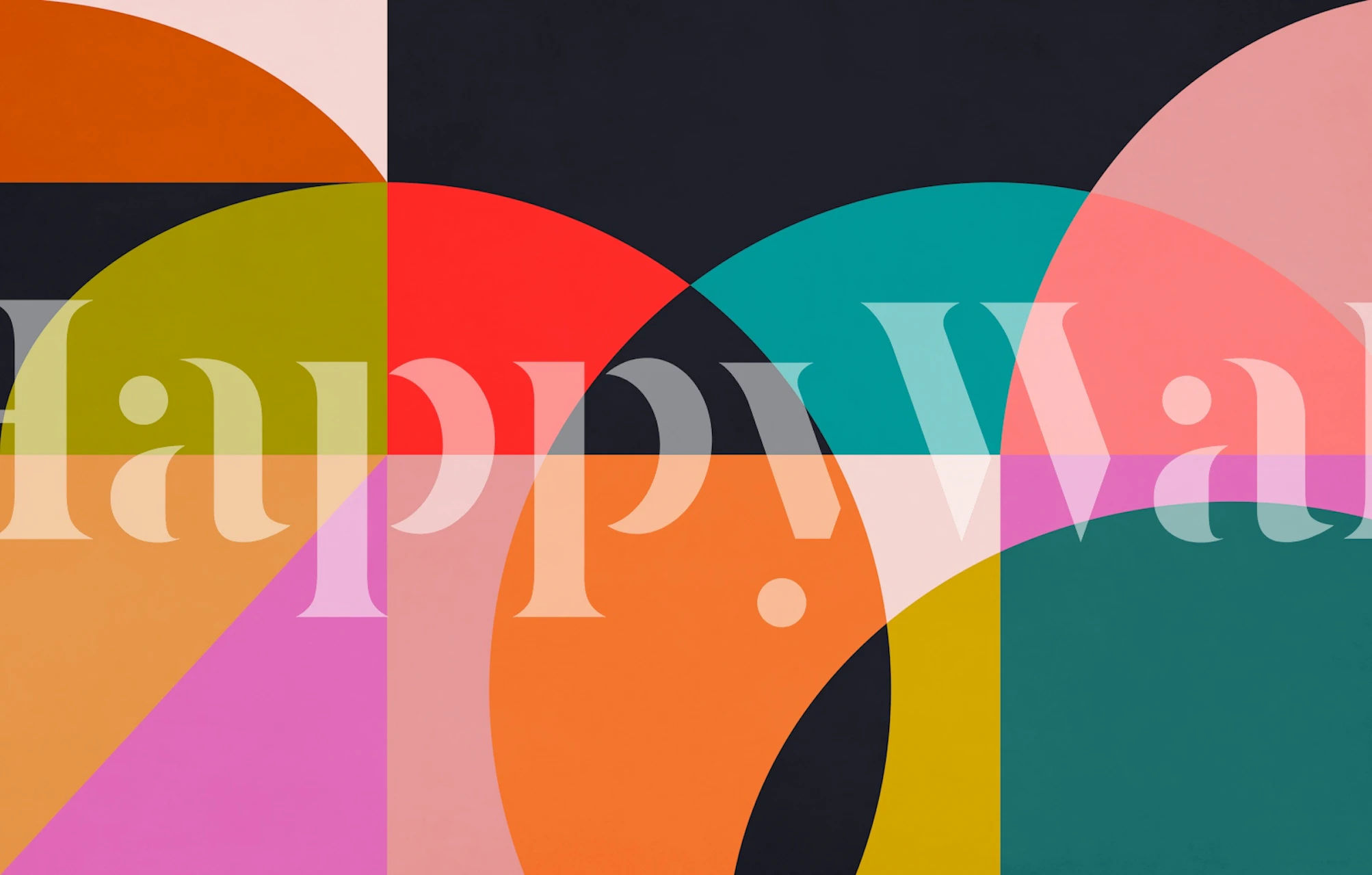 Mural abstrato com círculos sobrepostos em coral, pêssego, teal e mostarda sobre um fundo preto