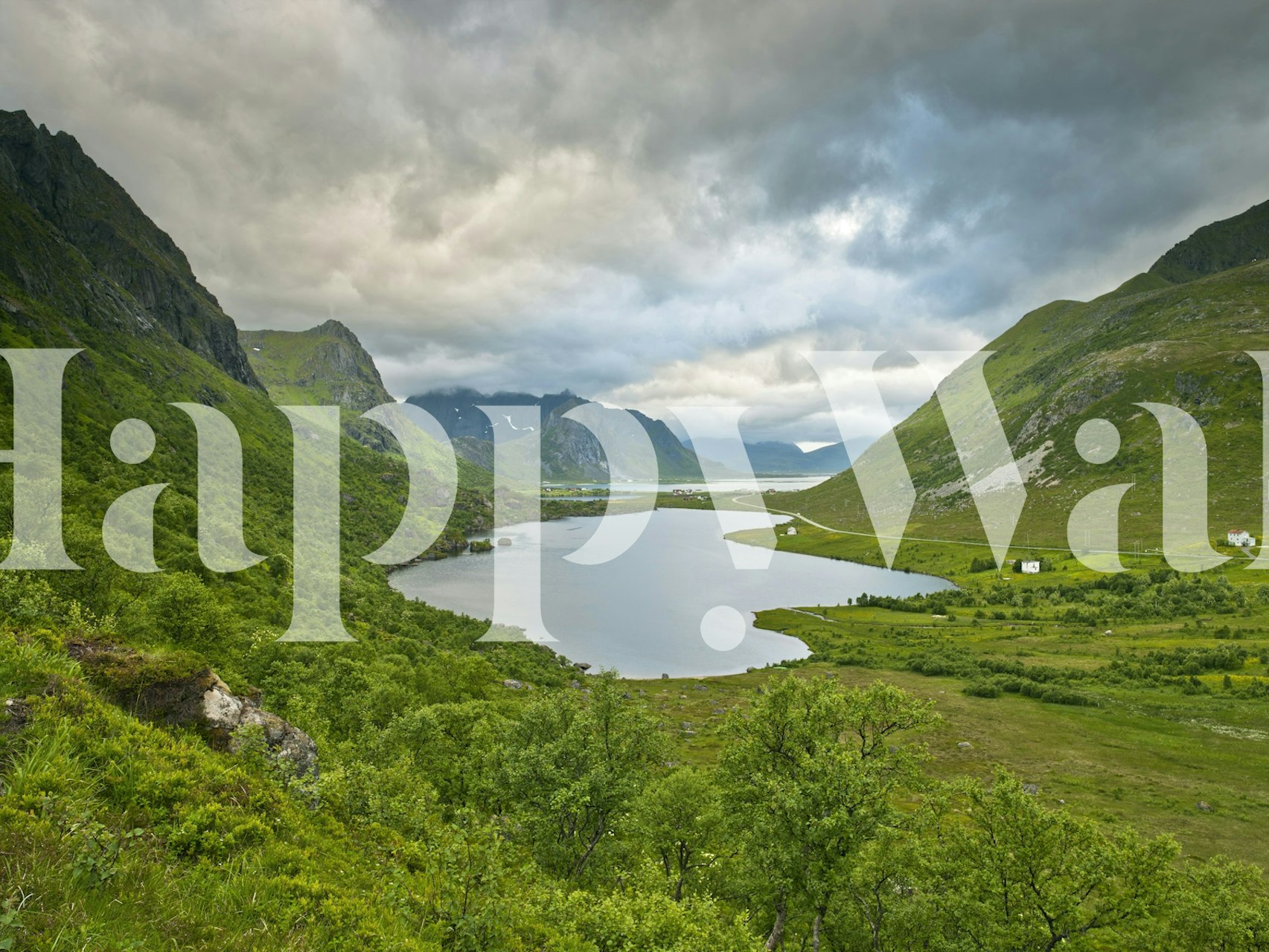 Scenic fjord landscape with green hills and cloudy sky wallpaper