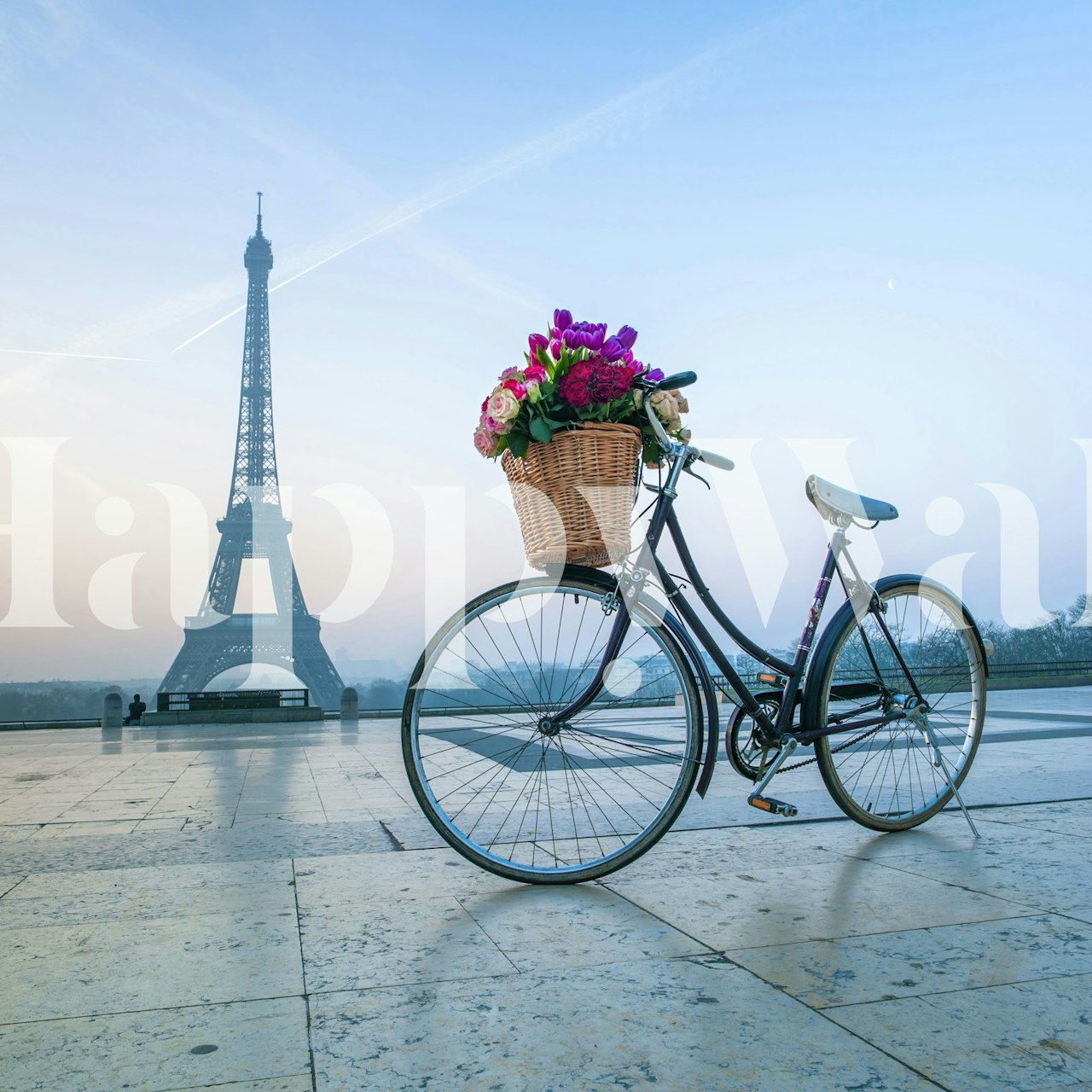 Floral Paris Ride wallpaper with bicycle and Eiffel Tower