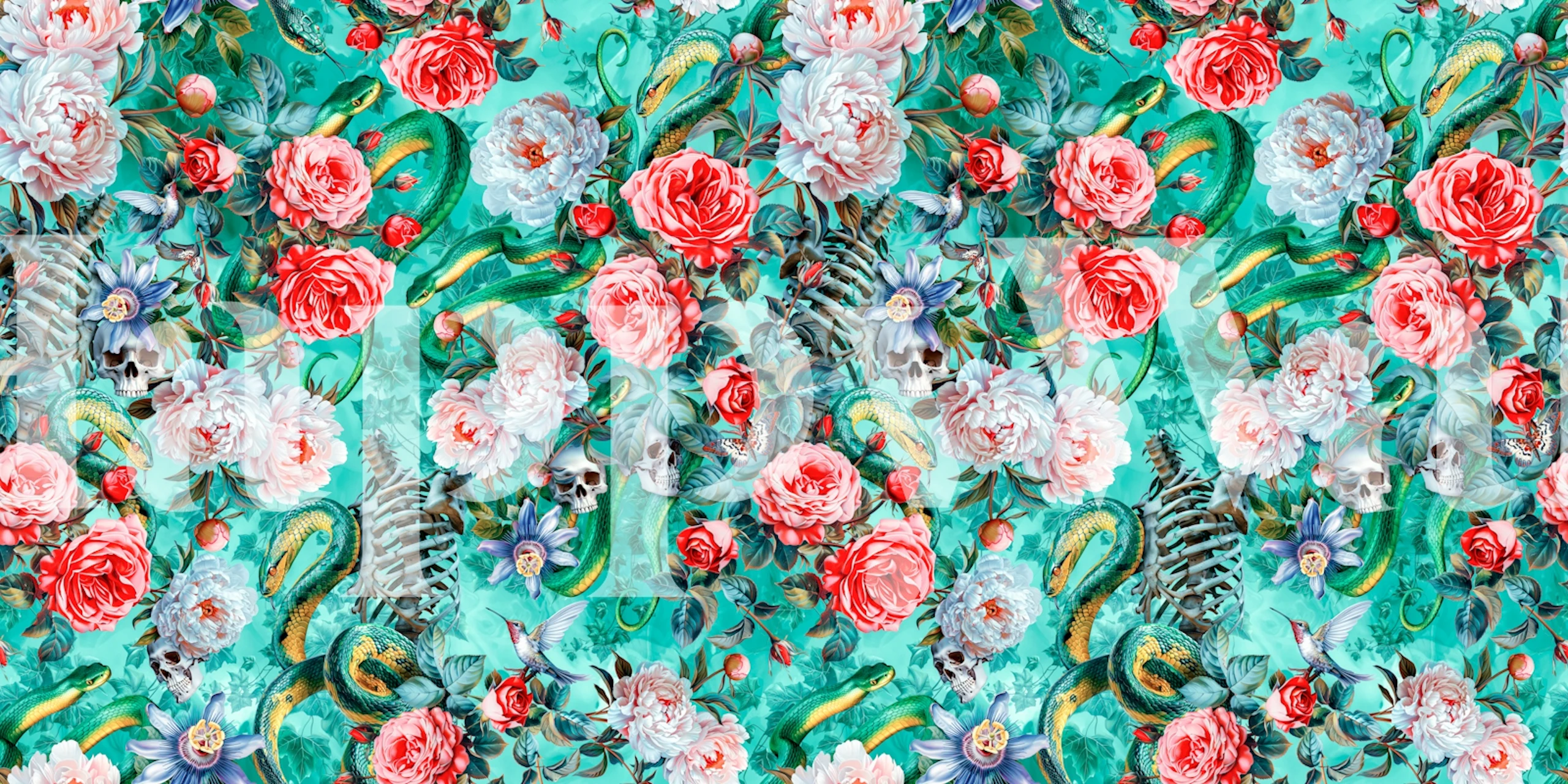 Floral wall mural with teal, pink, and green hues