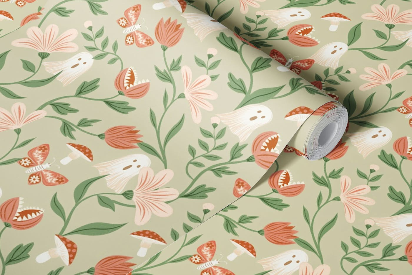 Cottagecore Halloween Sage Green Pink Neutral wallpaper roll