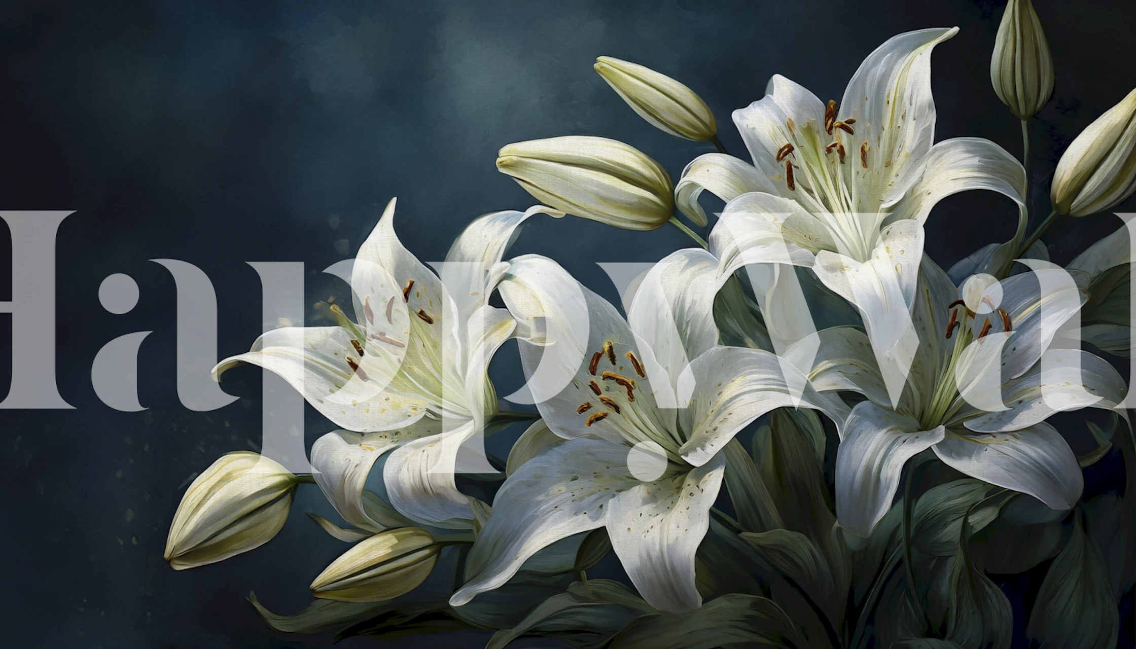 White night lilies on a dark background wall mural