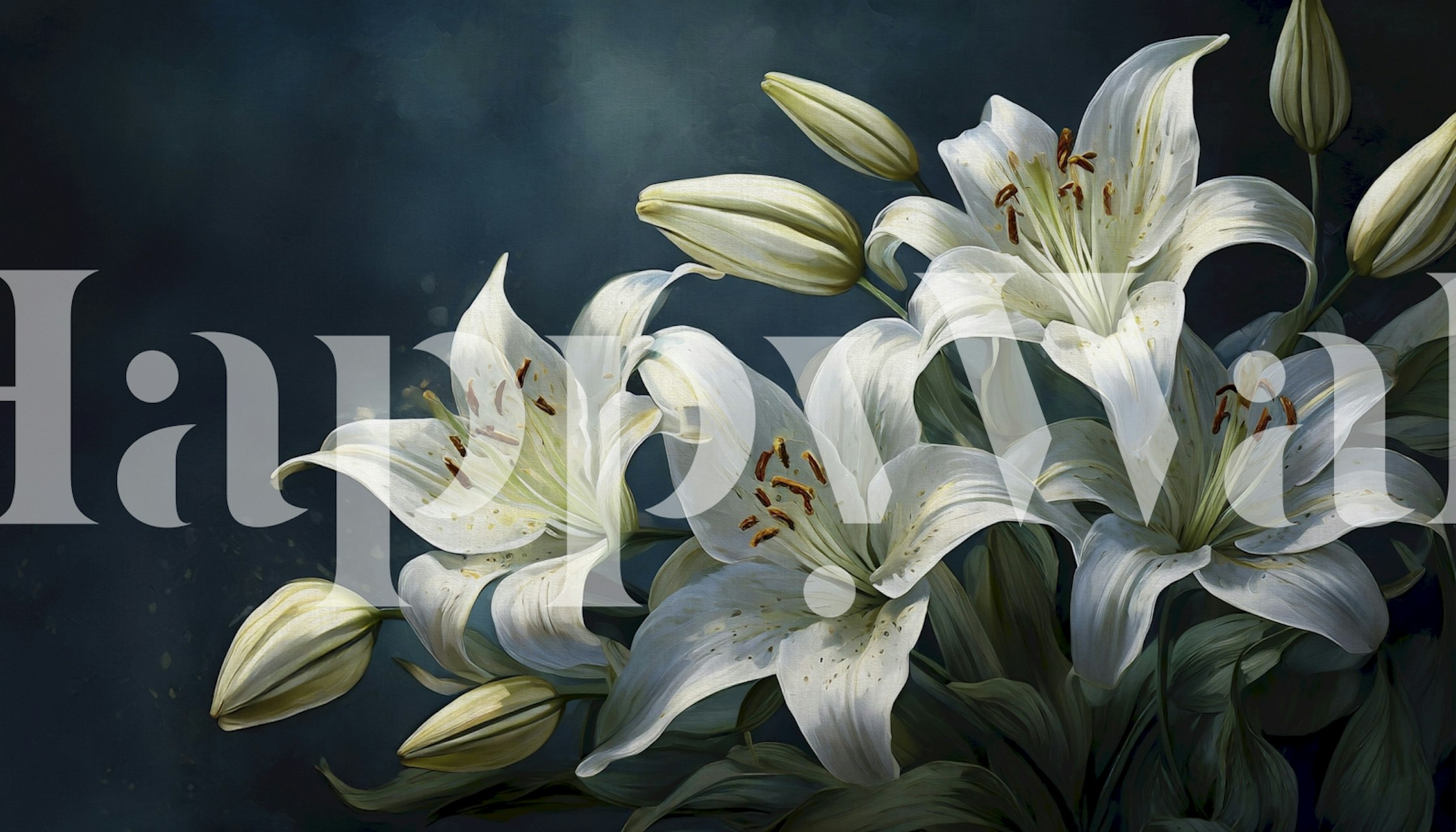 White night lilies on a dark background wall mural