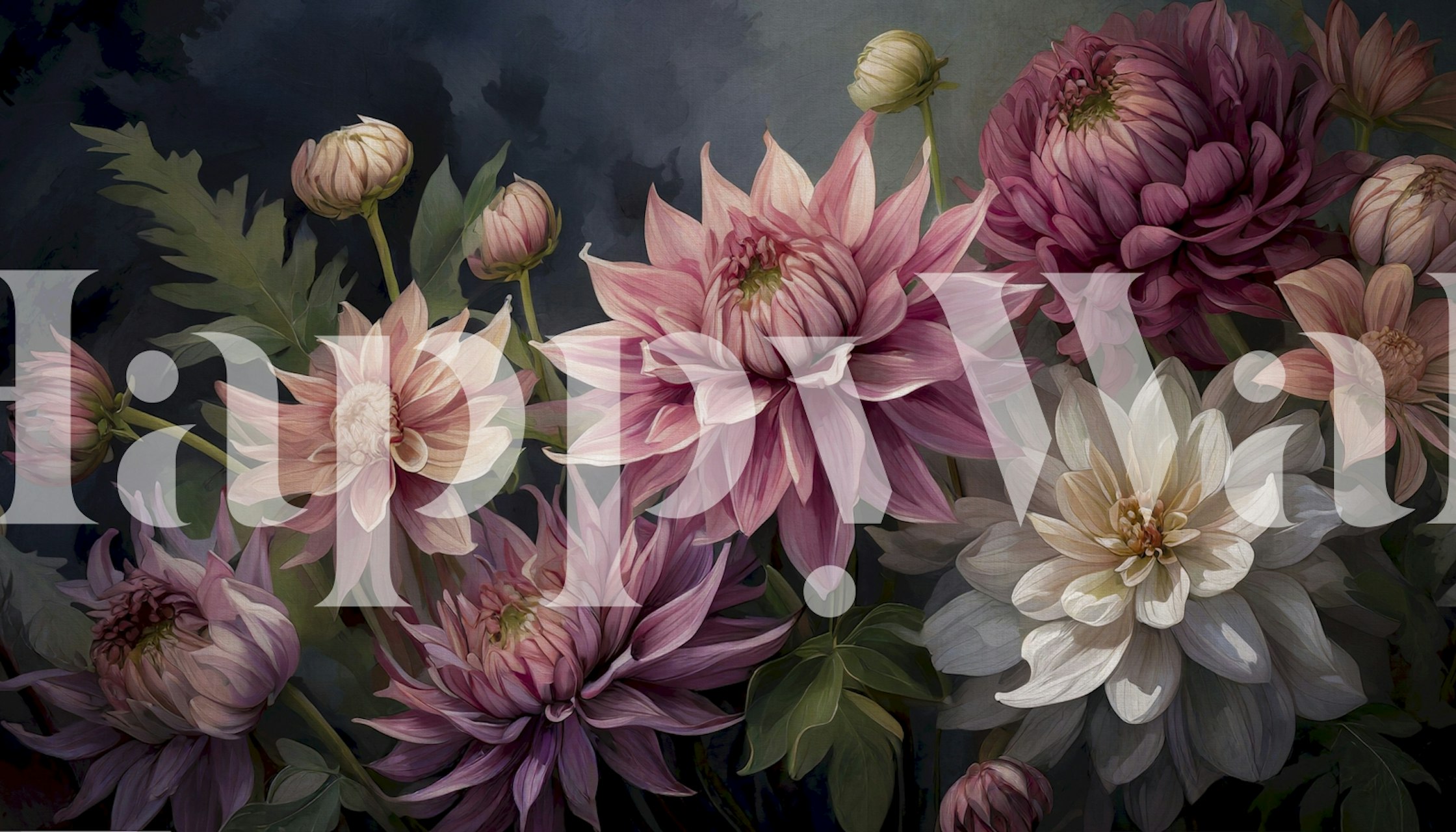 Flower clusters in soft pink tones with green leaves wallpaper