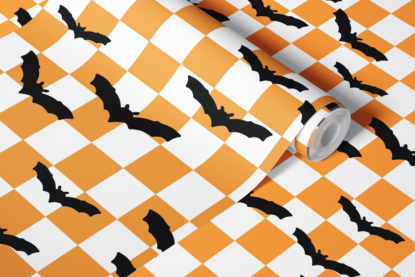 Black Bats on Orange Chckerboard wallpaper roll