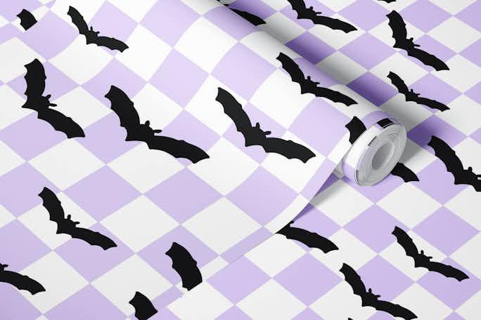 Black Bats on Purple Checkerboardwallpaper roll