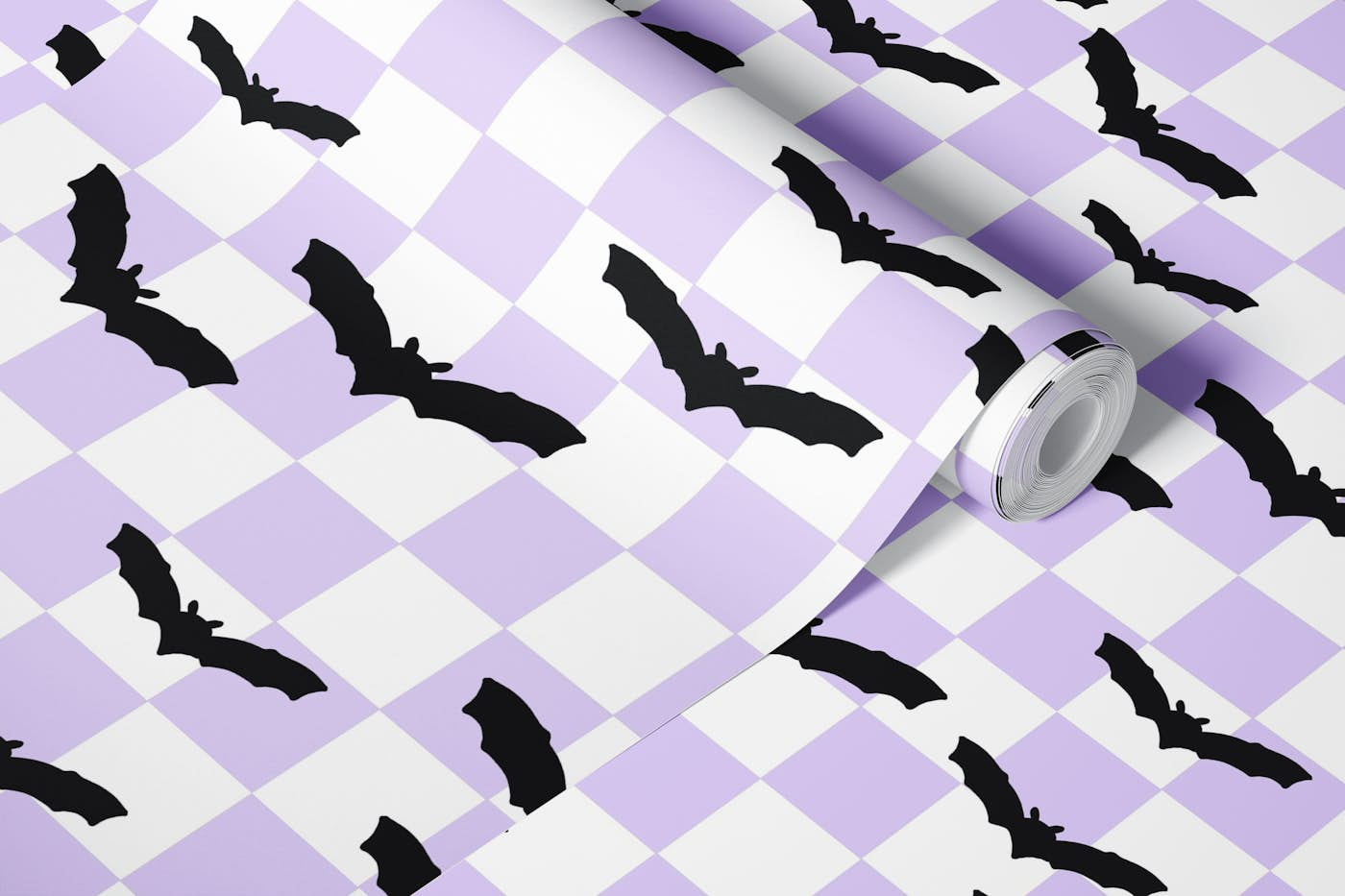 Black Bats on Purple Checkerboard wallpaper roll