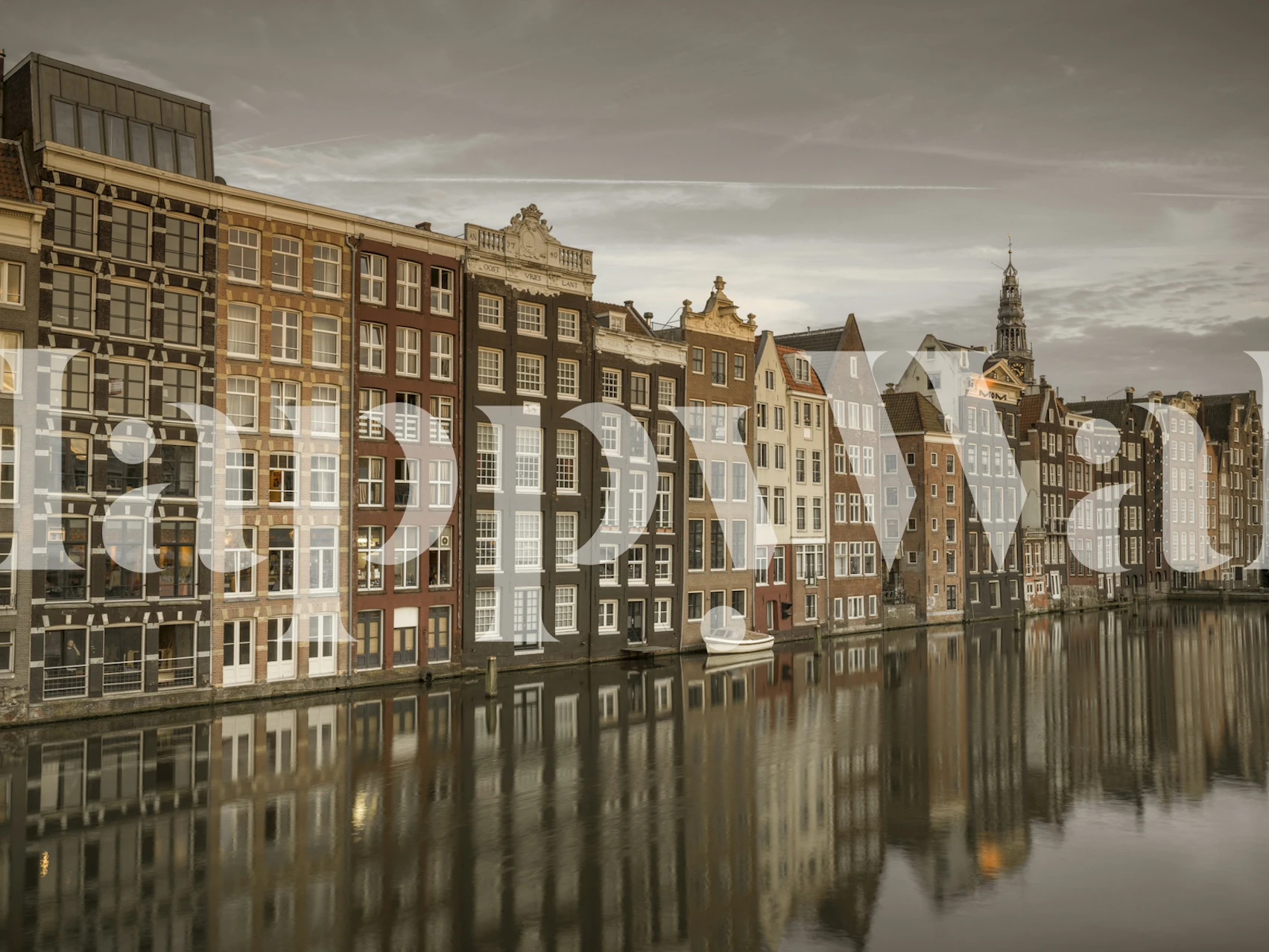 Rows of Amsterdam canal houses in muted colors reflecting on water wallpaper