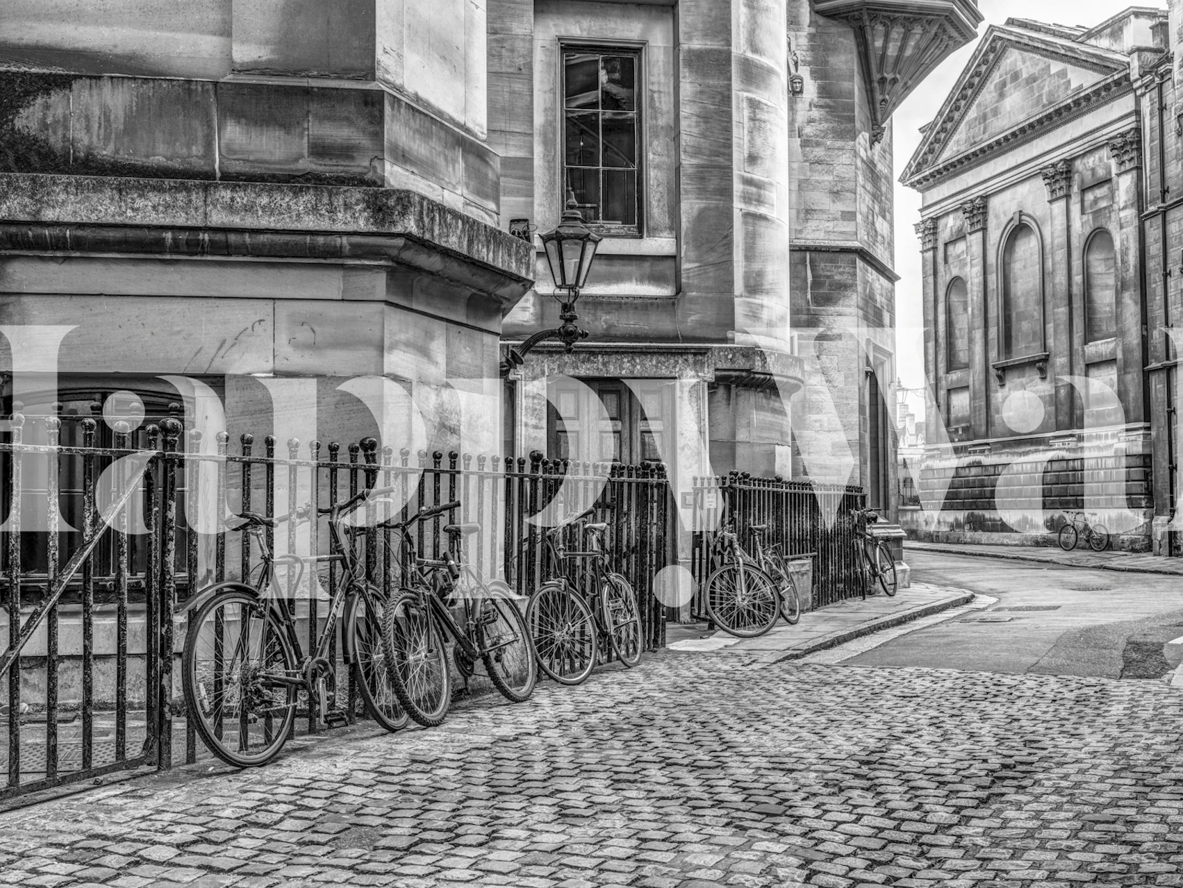 Vintage bicycles against a backdrop of urban architecture in black and white wallpaper