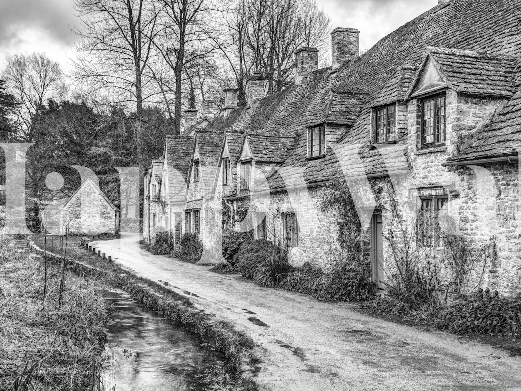 Stone cottage village in black and white wallpaper