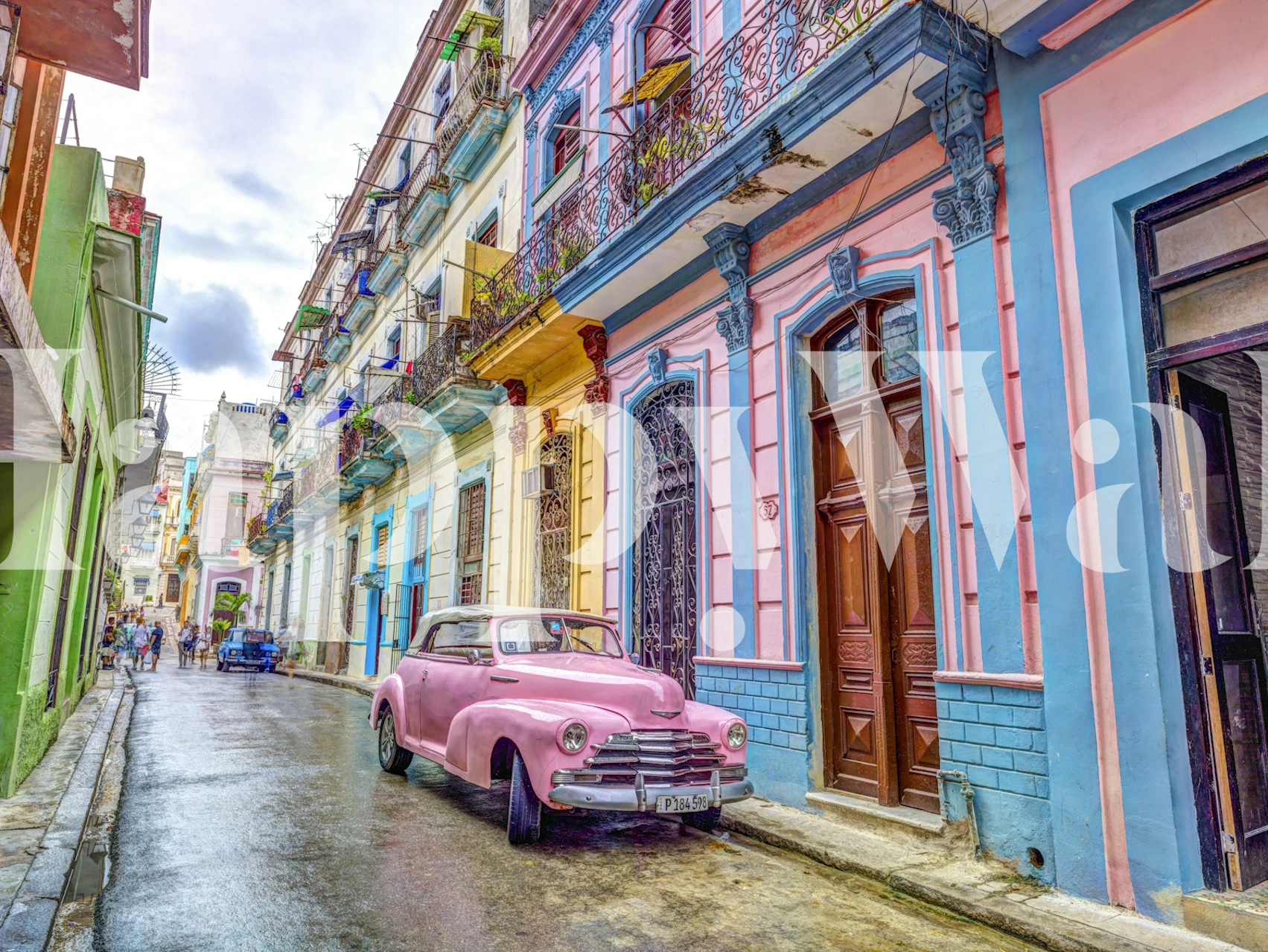 Colorful vintage street scene with pastel buildings and a pink car wallpaper