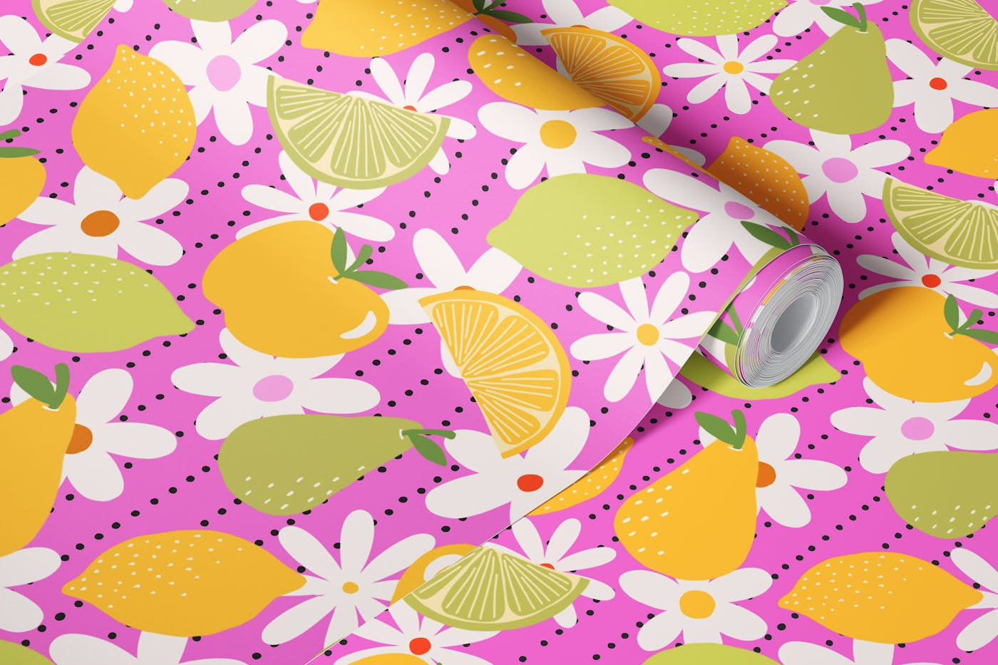 S.S - Pink citrus & daisies wallpaper roll