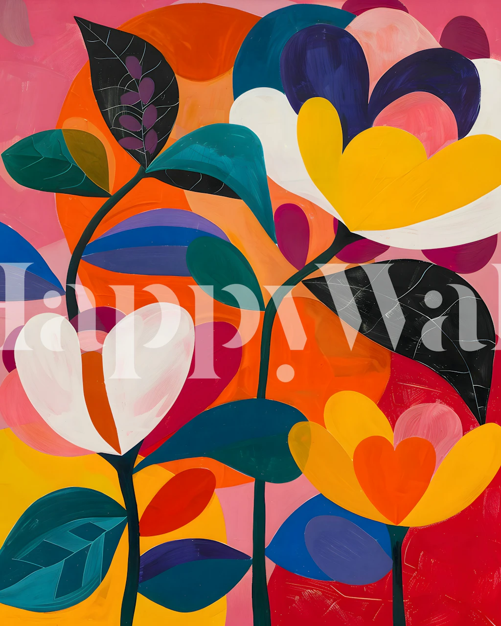 Bold floral design with pink, orange, yellow, and green elements wallpaper