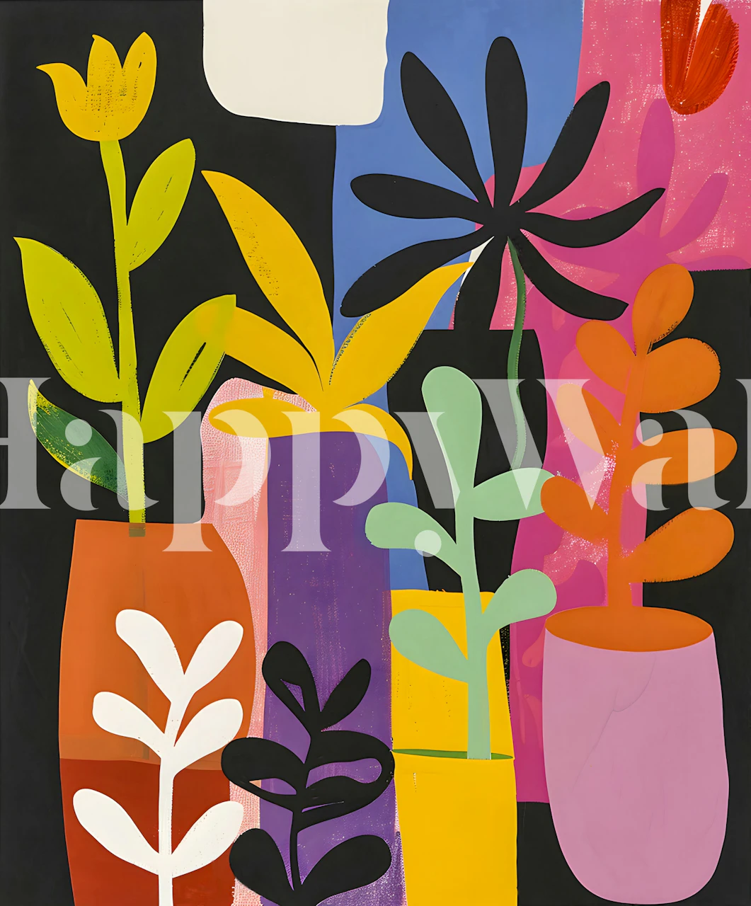Colorful floral patterns in pots with bold colors on a black background wallpaper