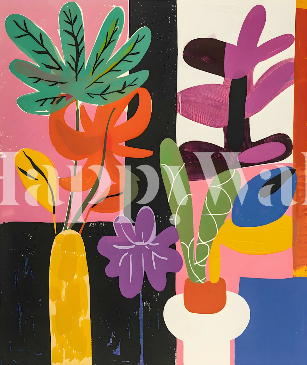 Abstract colorful garden-inspired wall mural with stylized plants and flowers