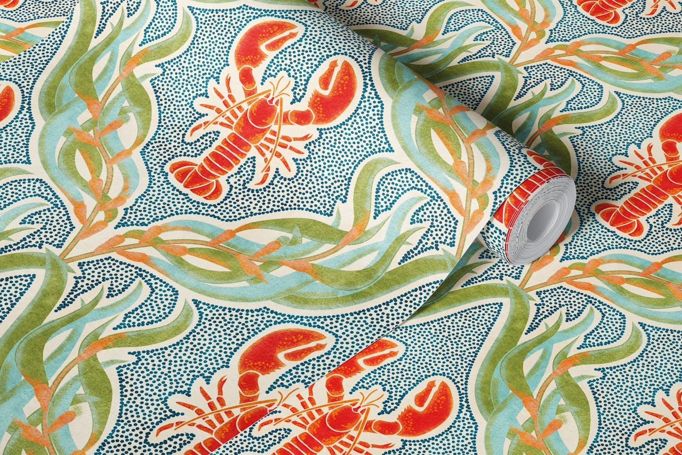 Underwater Habitat- Lobster Damask- Sand wallpaper roll