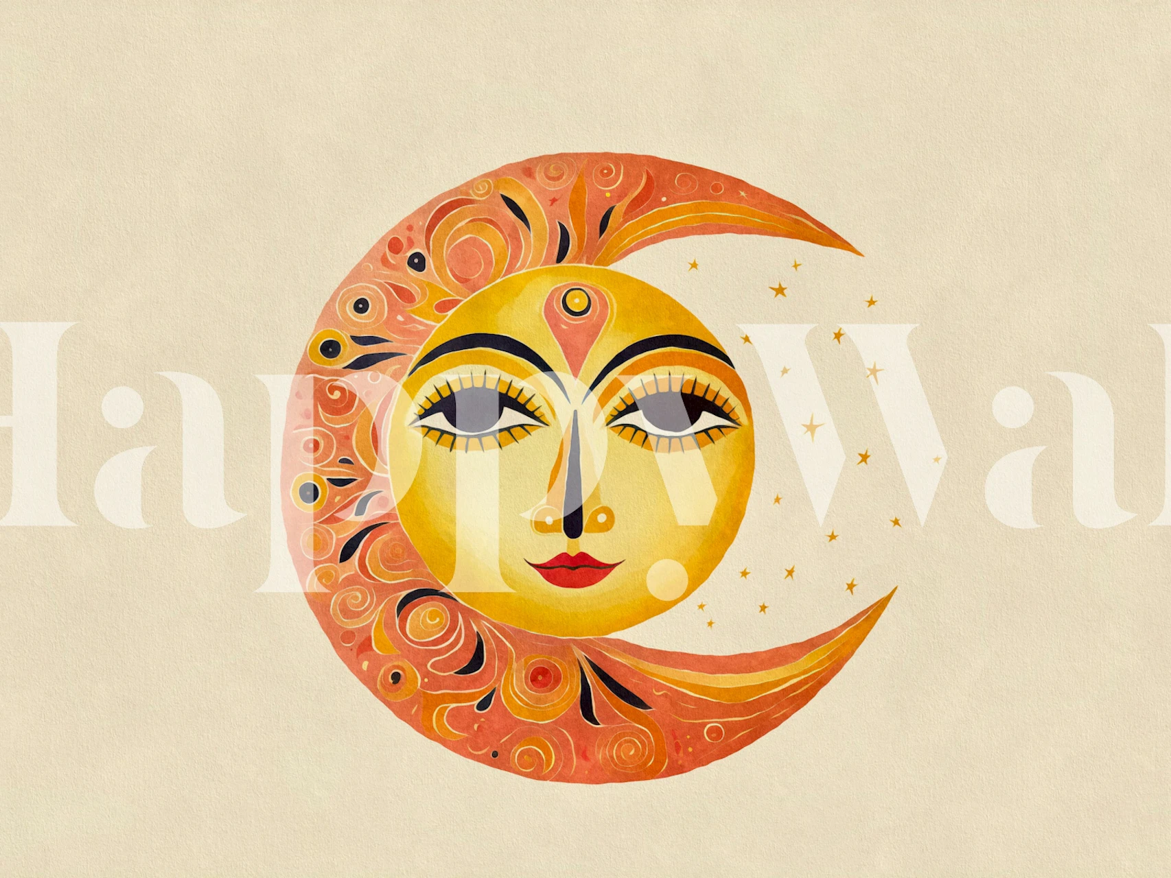 Whimsical sun and moon face design in orange and yellow colors wallpaper