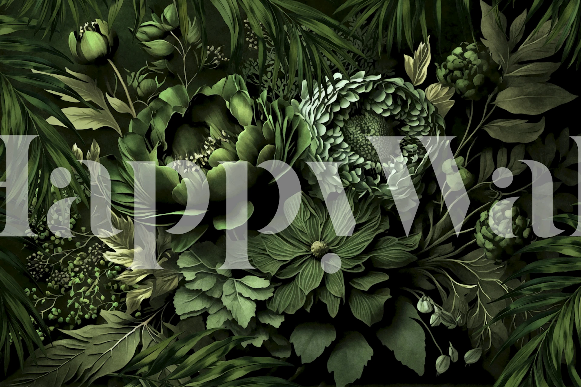 Lush green jungle flowers with dark foliage wallpaper