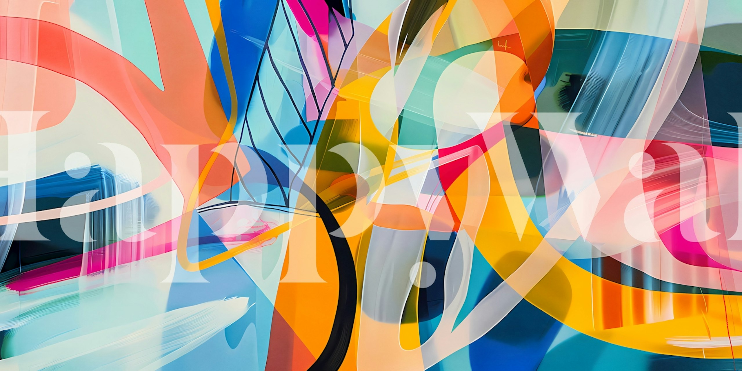 Colorful abstract geometric shapes in blue, orange, and pink wallpaper