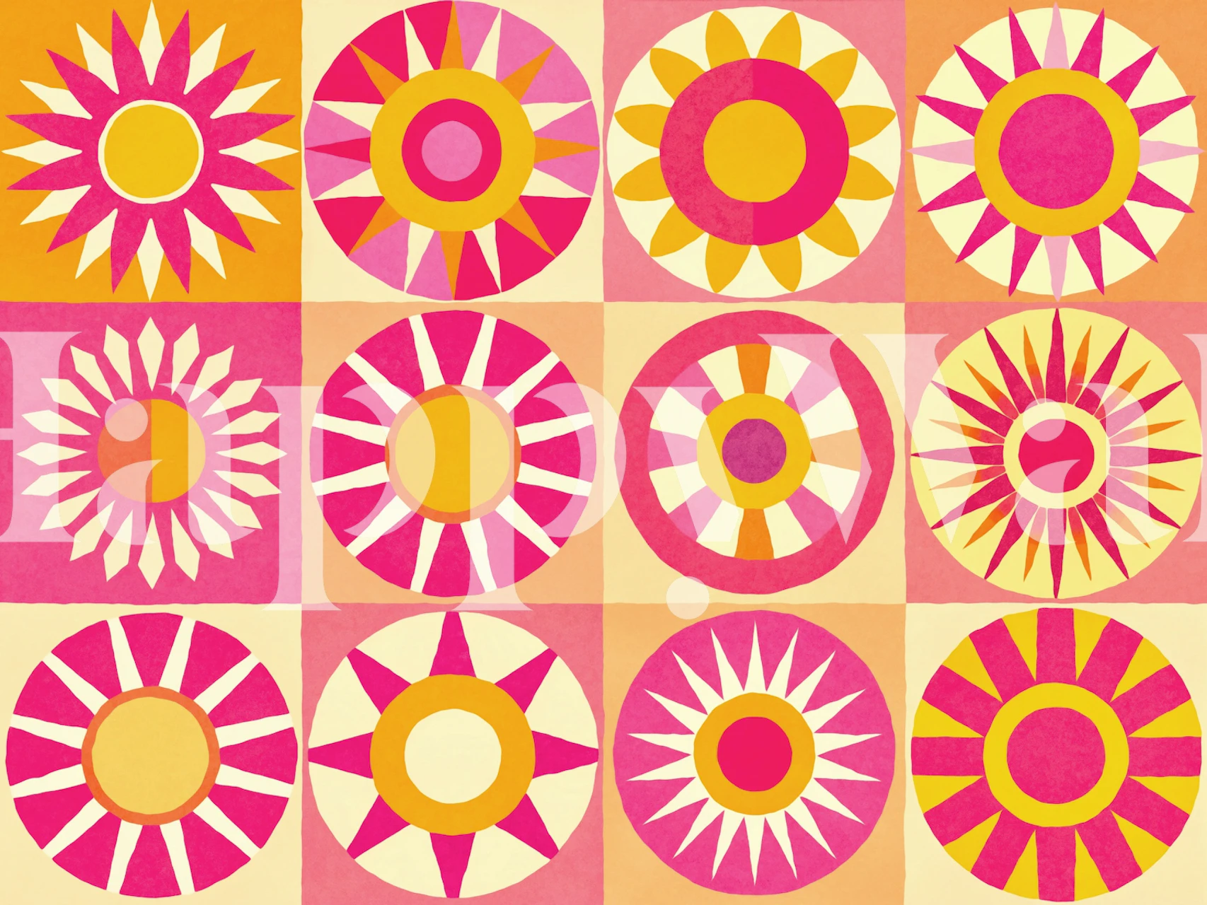 Geometric sun and circle patterns in pink and orange wallpaper