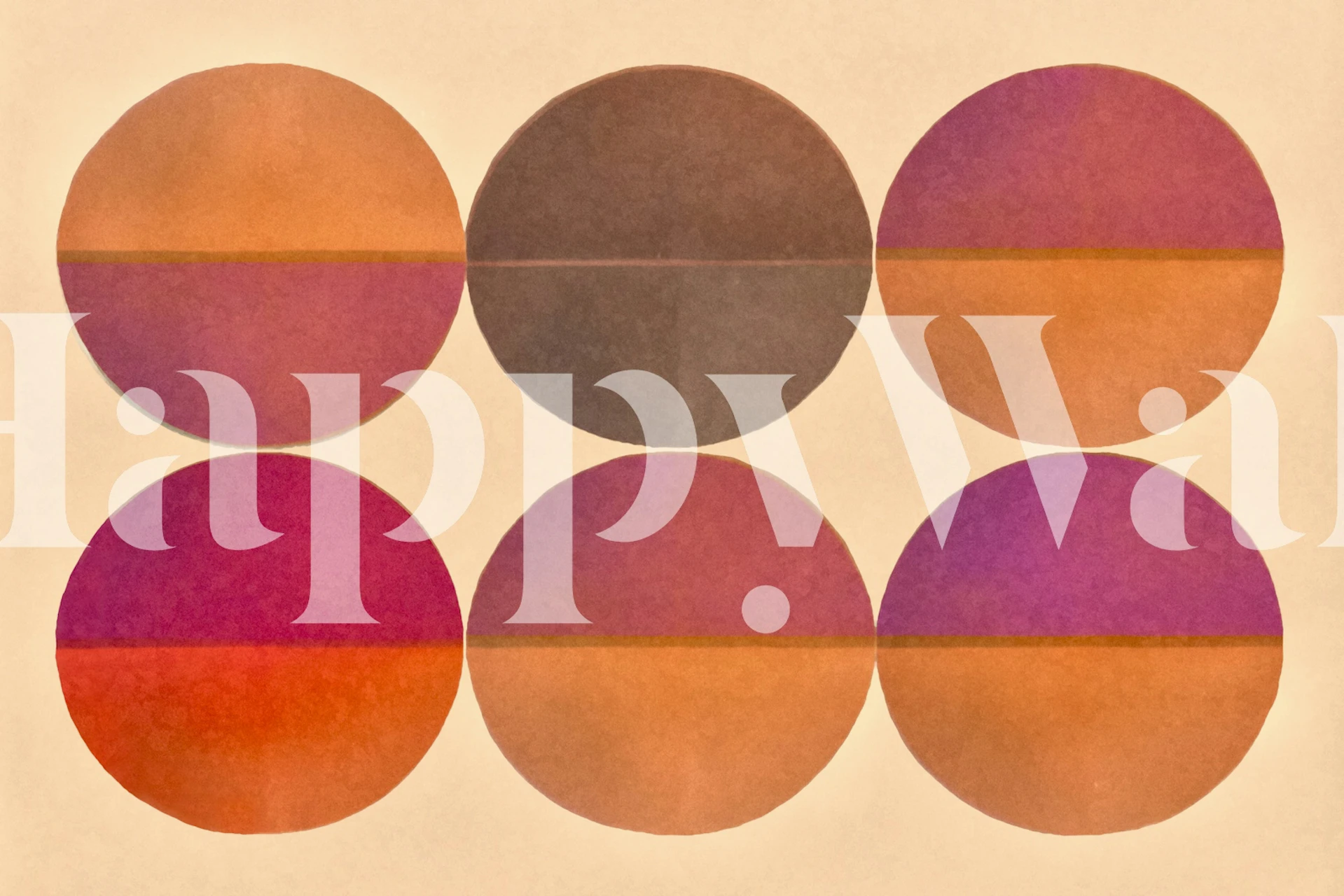 Vægmaleri af symmetriske cirkler i nuancer af orange og pink på en blid beige baggrund