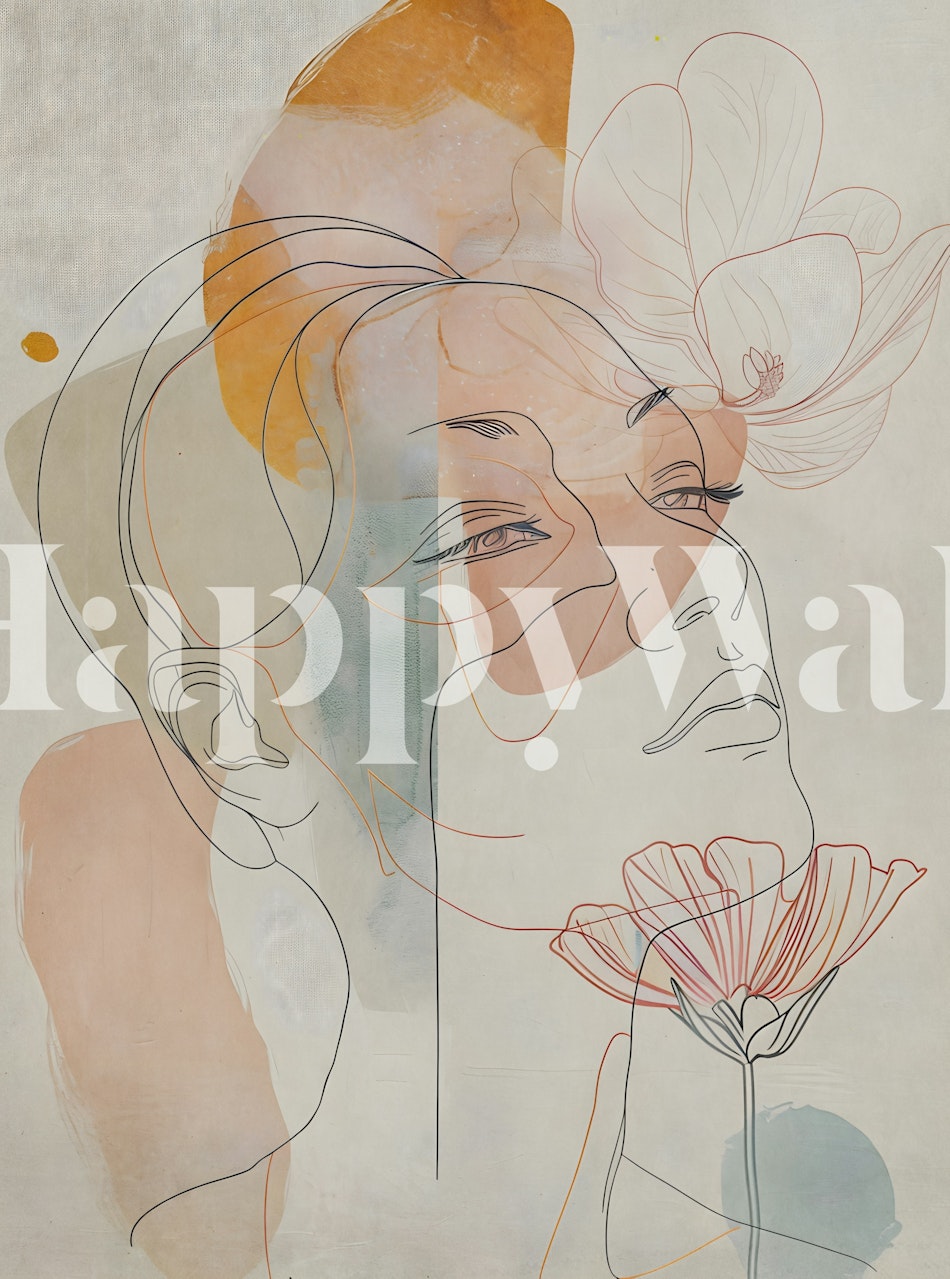 Abstract line drawing of a woman's face with floral elements in peach and blue wallpaper